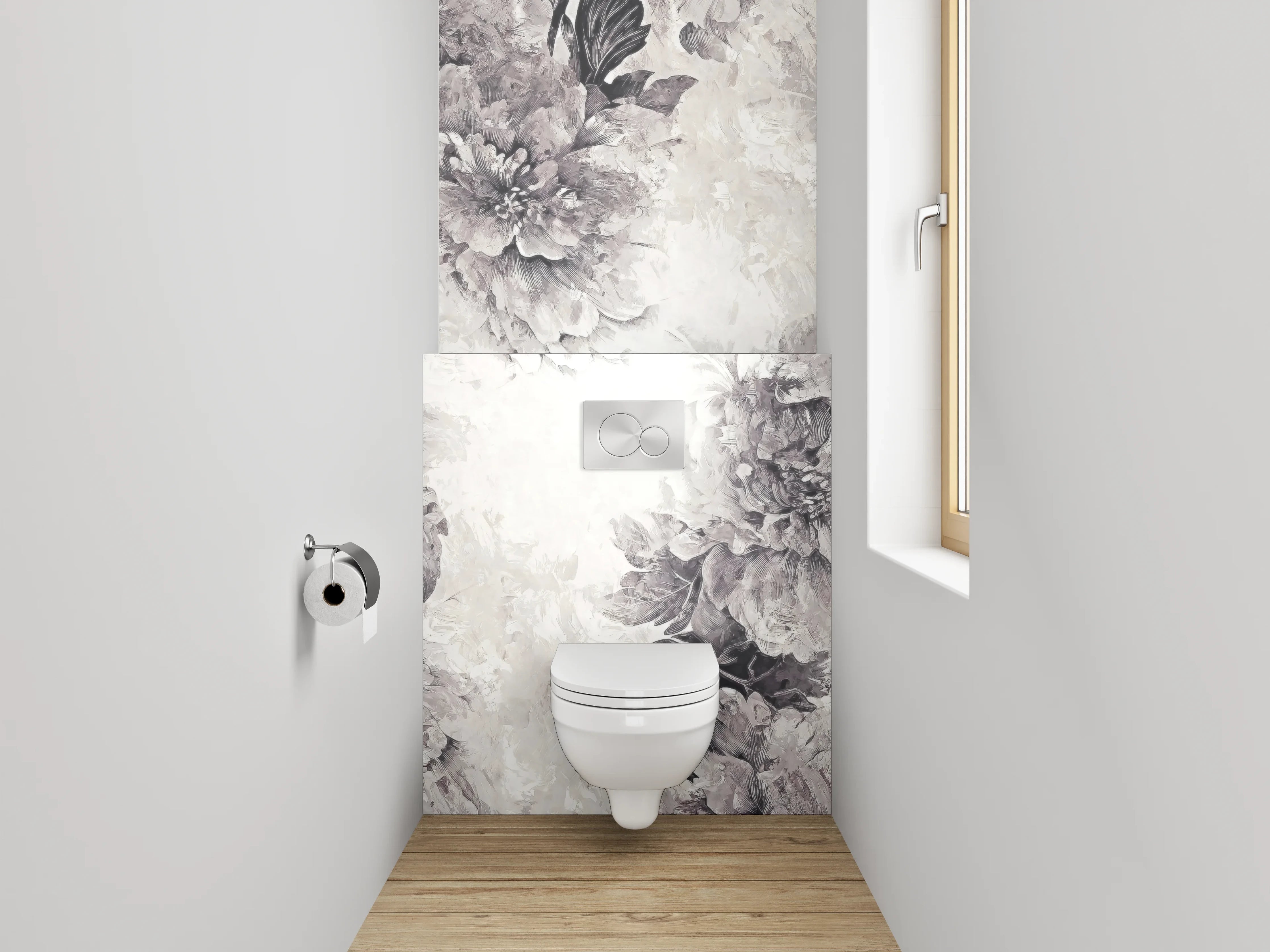 WC-Rückwand - Schwarz-weiße Aquarell-Blumen auf Weiß