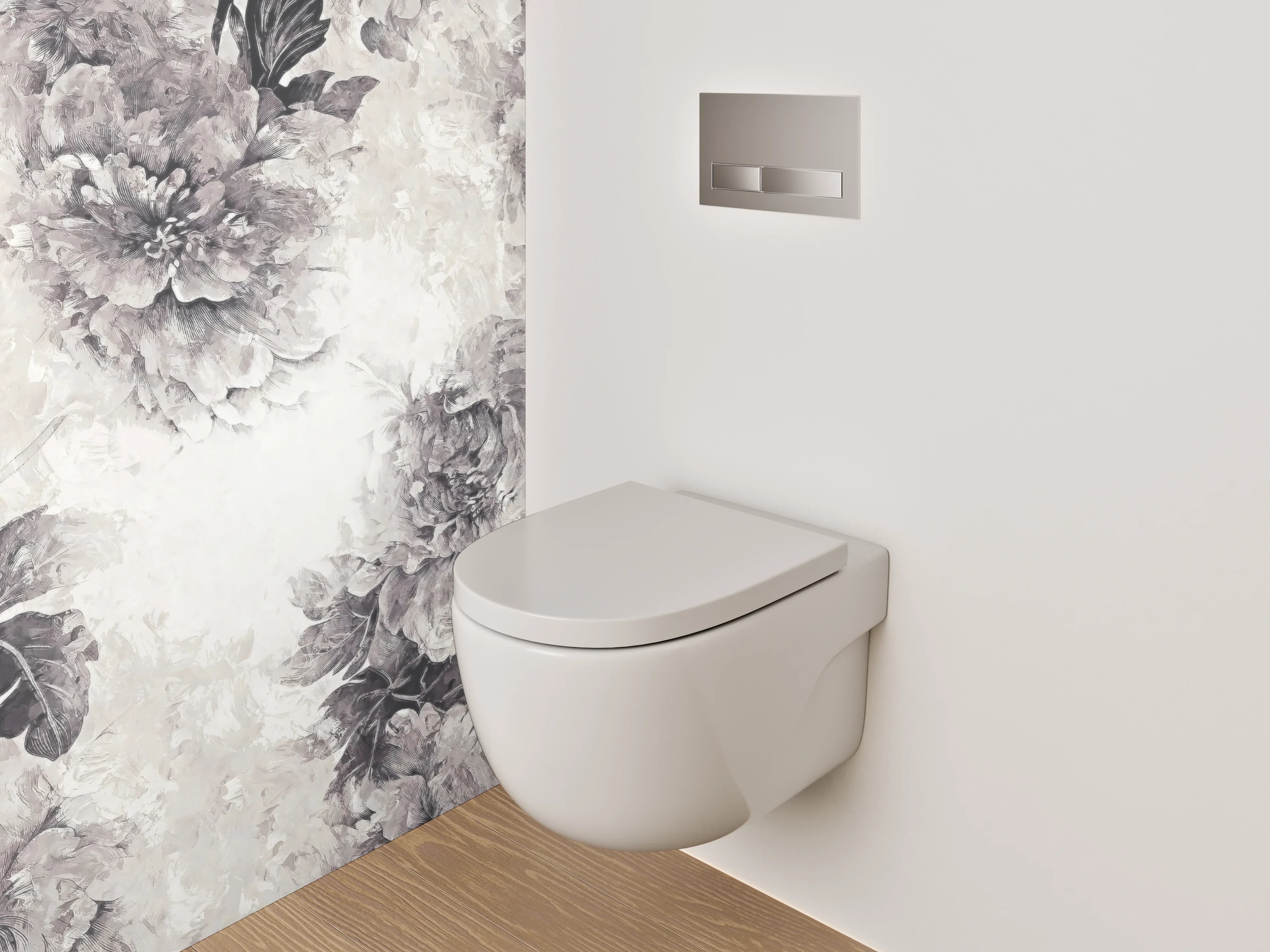 WC-Rückwand - Schwarz-weiße Aquarell-Blumen auf Weiß