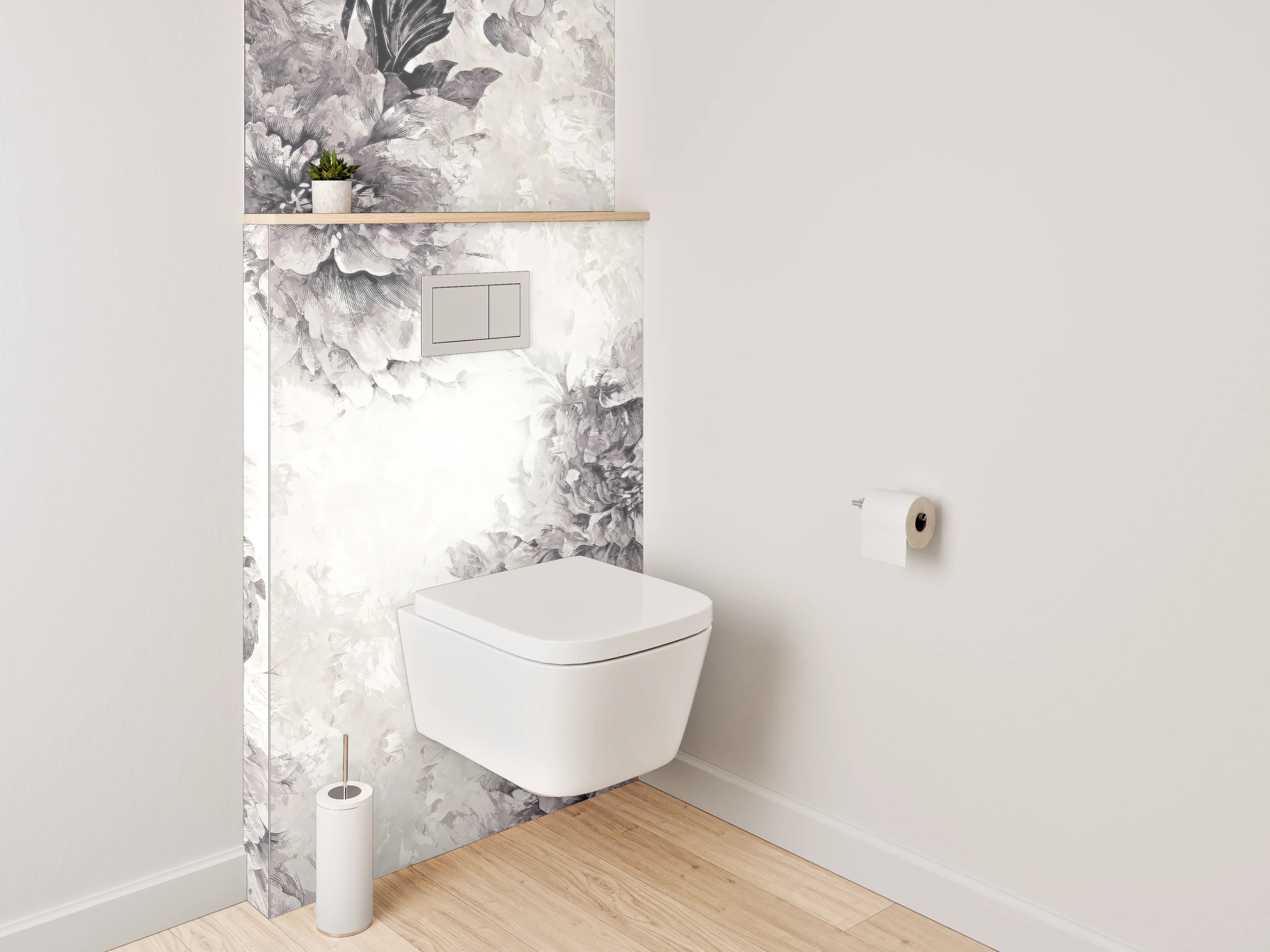 WC-Rückwand - Schwarz-weiße Aquarell-Blumen auf Weiß