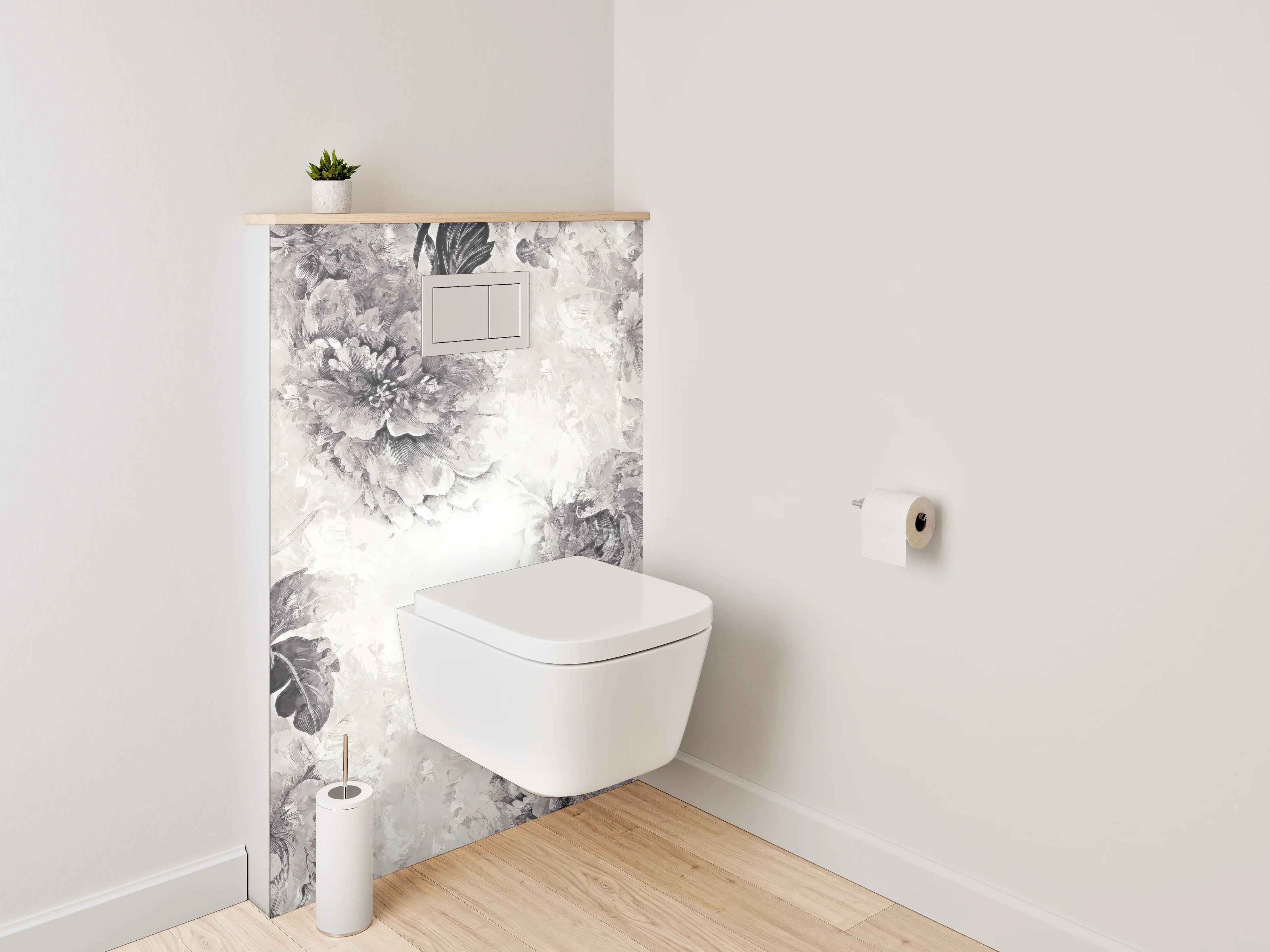 WC-Rückwand - Schwarz-weiße Aquarell-Blumen auf Weiß