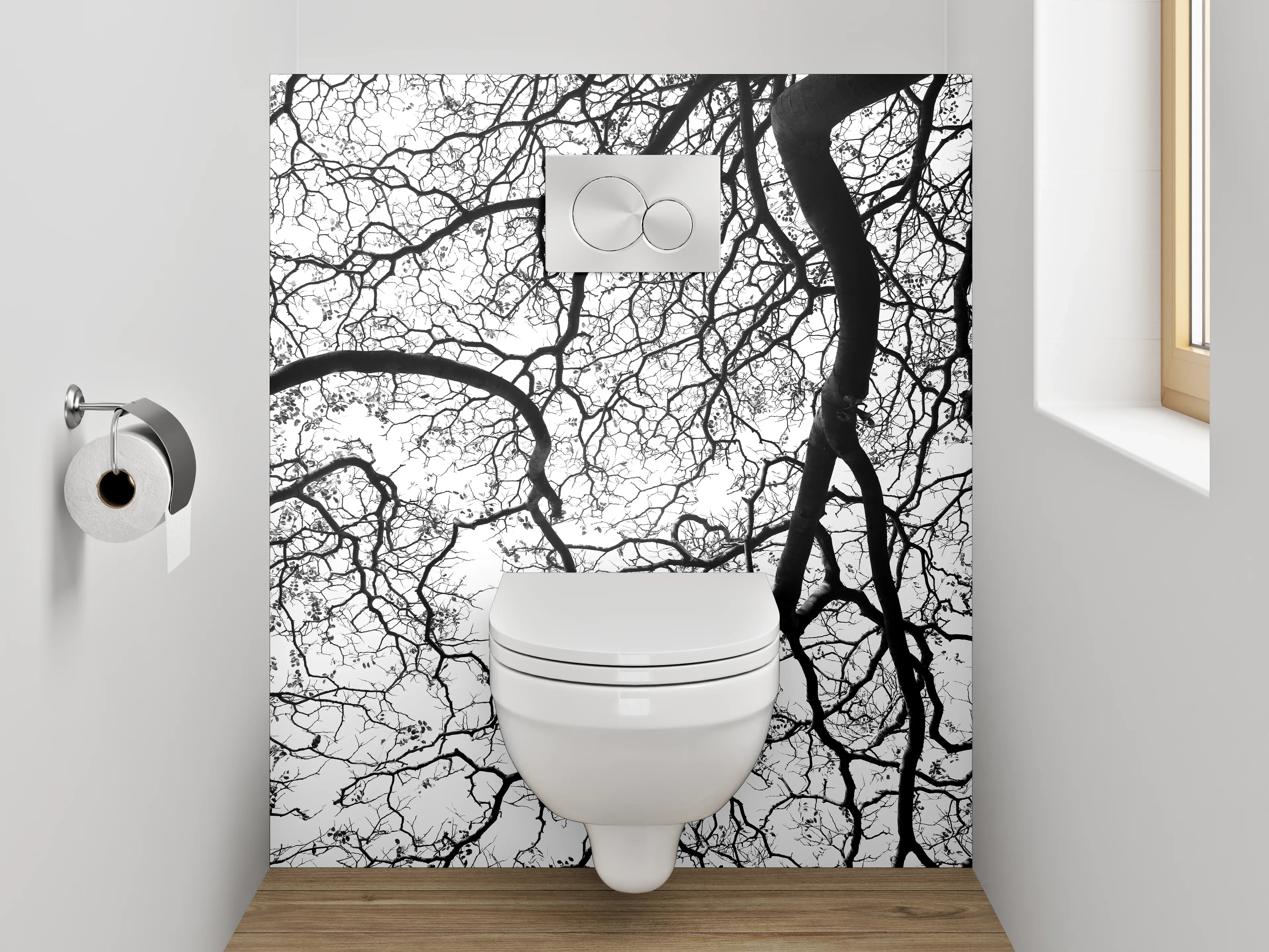 WC-Rückwand - Schwarz-weiße Baumstruktur minimalistisch