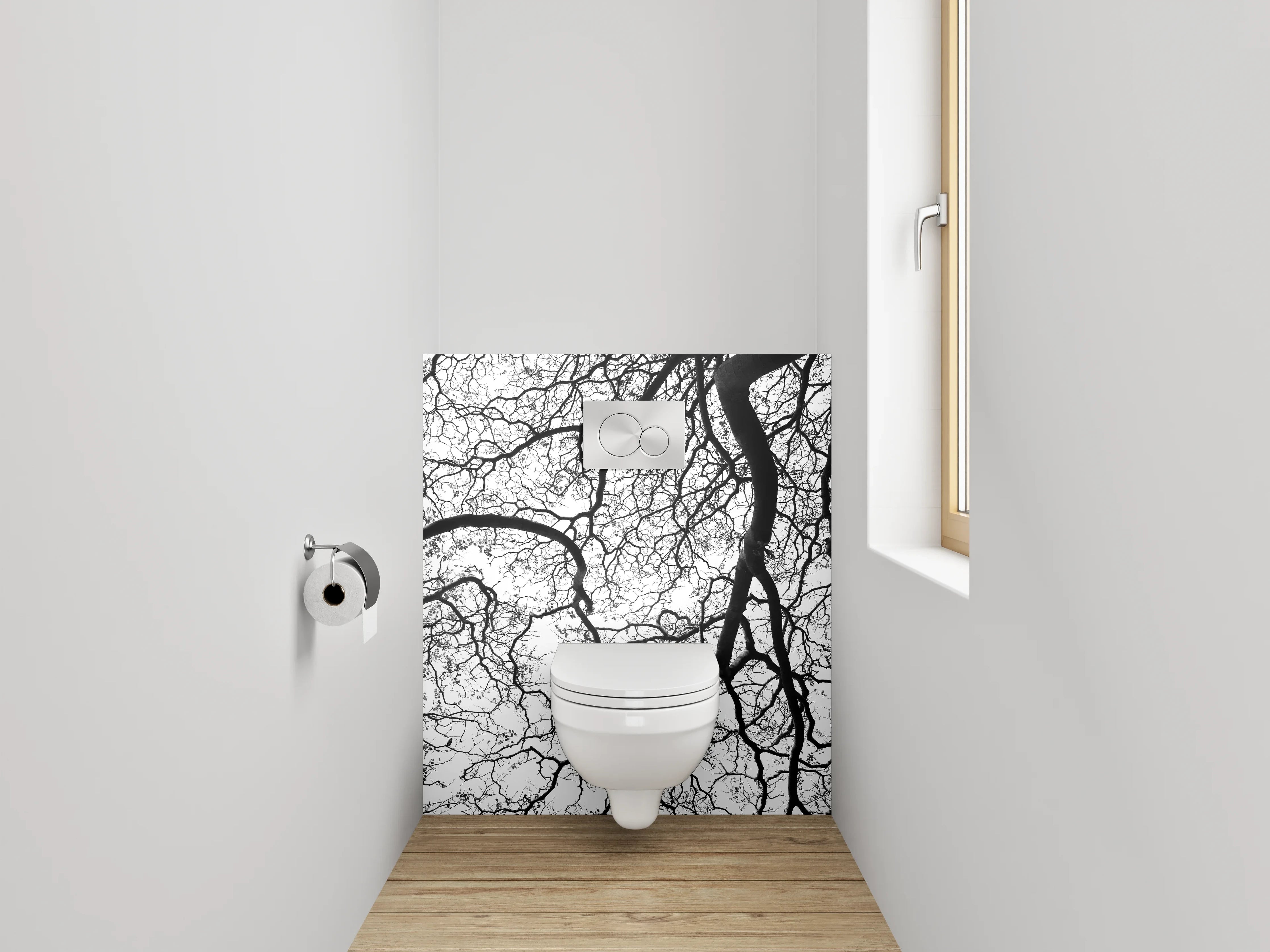 WC-Rückwand - Schwarz-weiße Baumstruktur minimalistisch