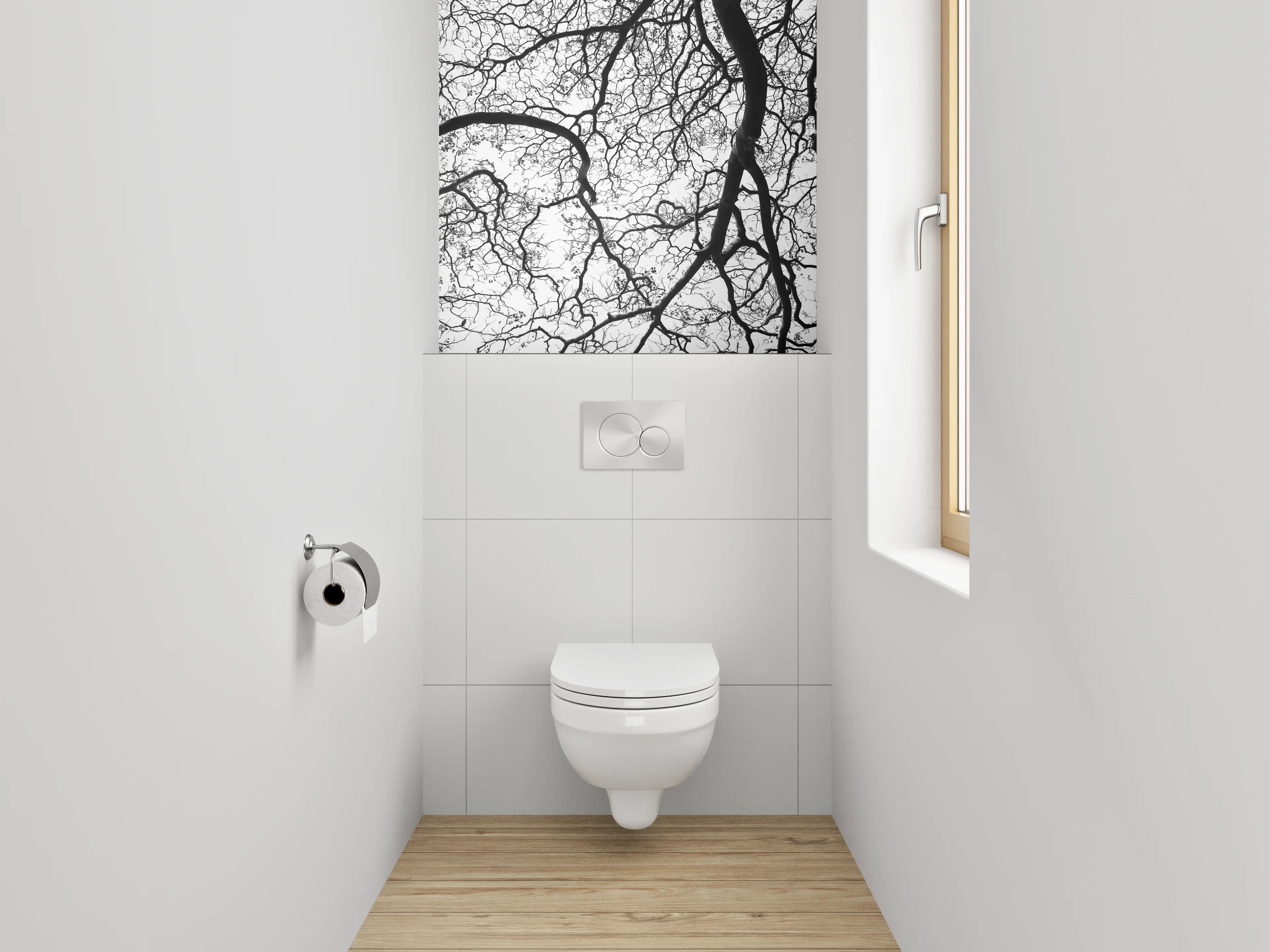 WC-Rückwand - Schwarz-weiße Baumstruktur minimalistisch