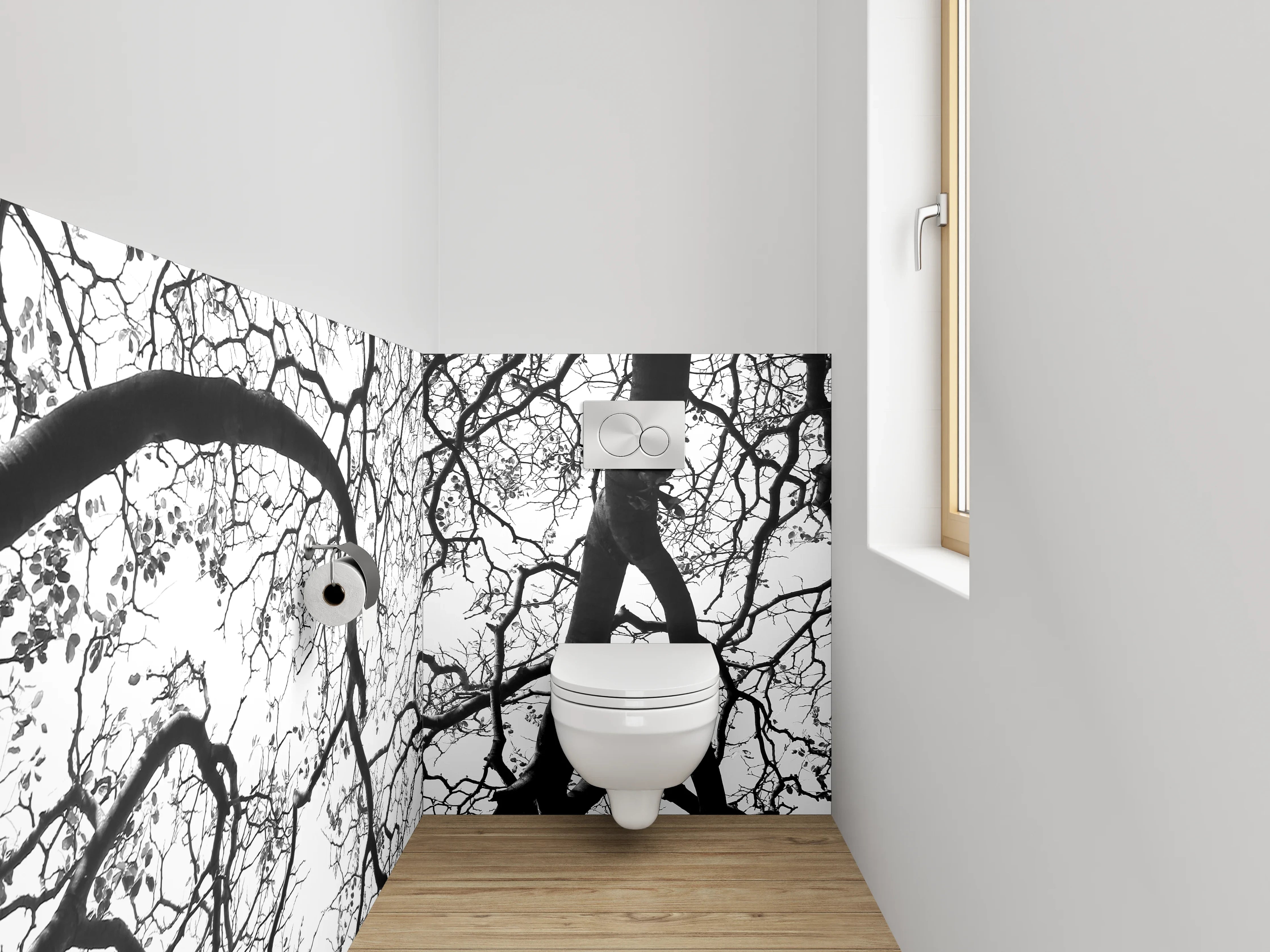 WC-Rückwand - Schwarz-weiße Baumstruktur minimalistisch