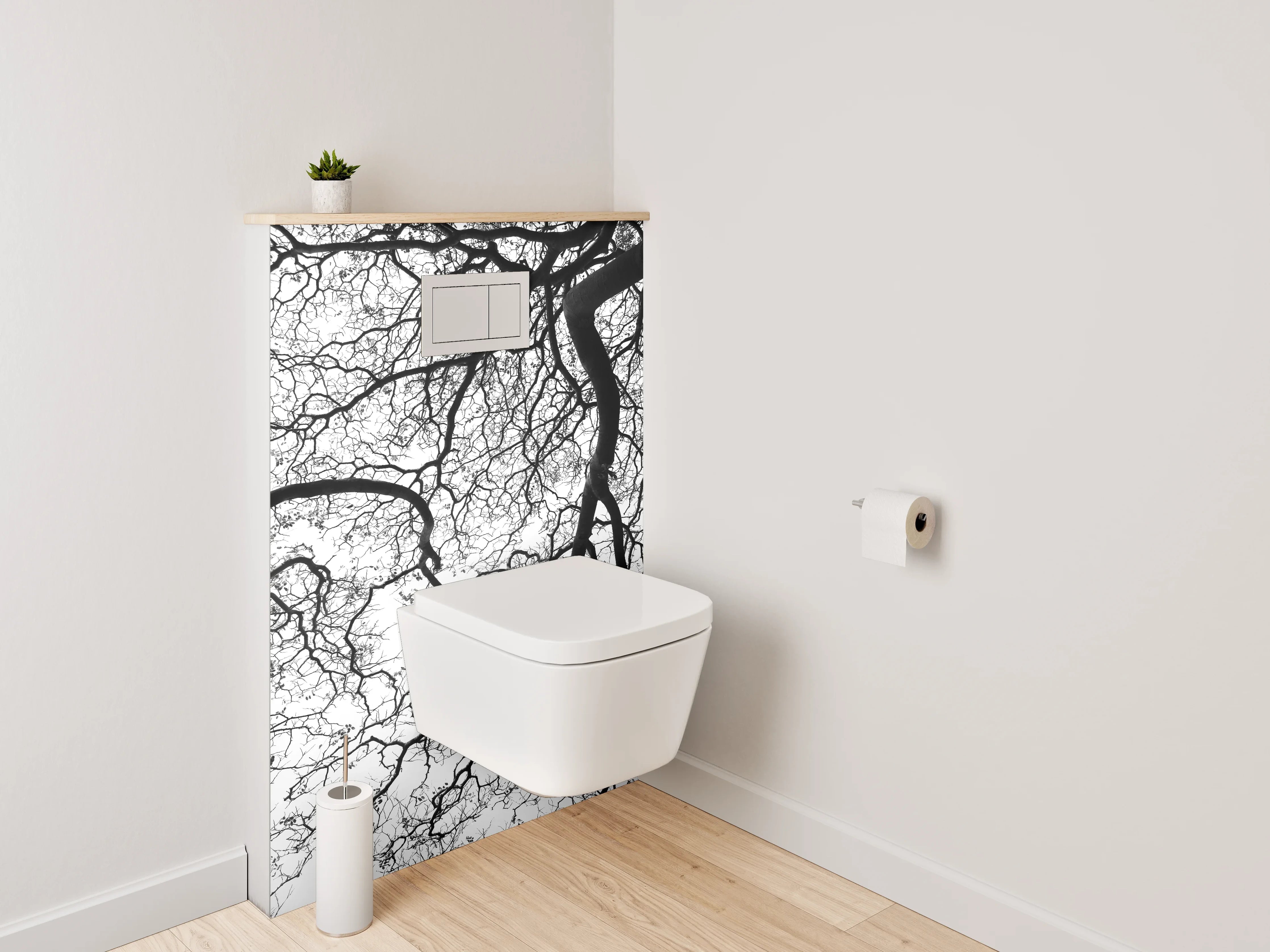 WC-Rückwand - Schwarz-weiße Baumstruktur minimalistisch