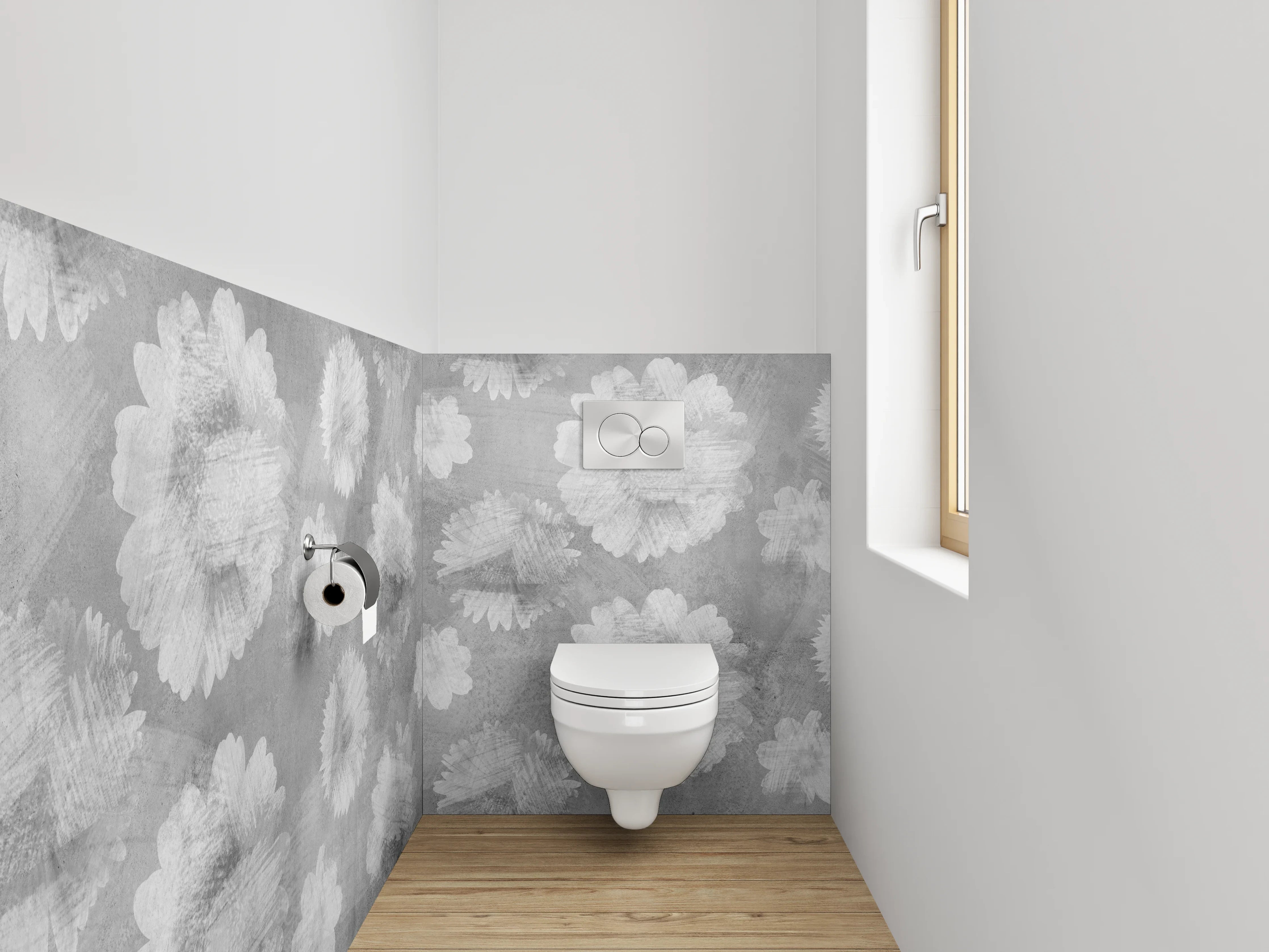 WC-Rückwand - Schwarz-weiße Blumen Aquarell Muster