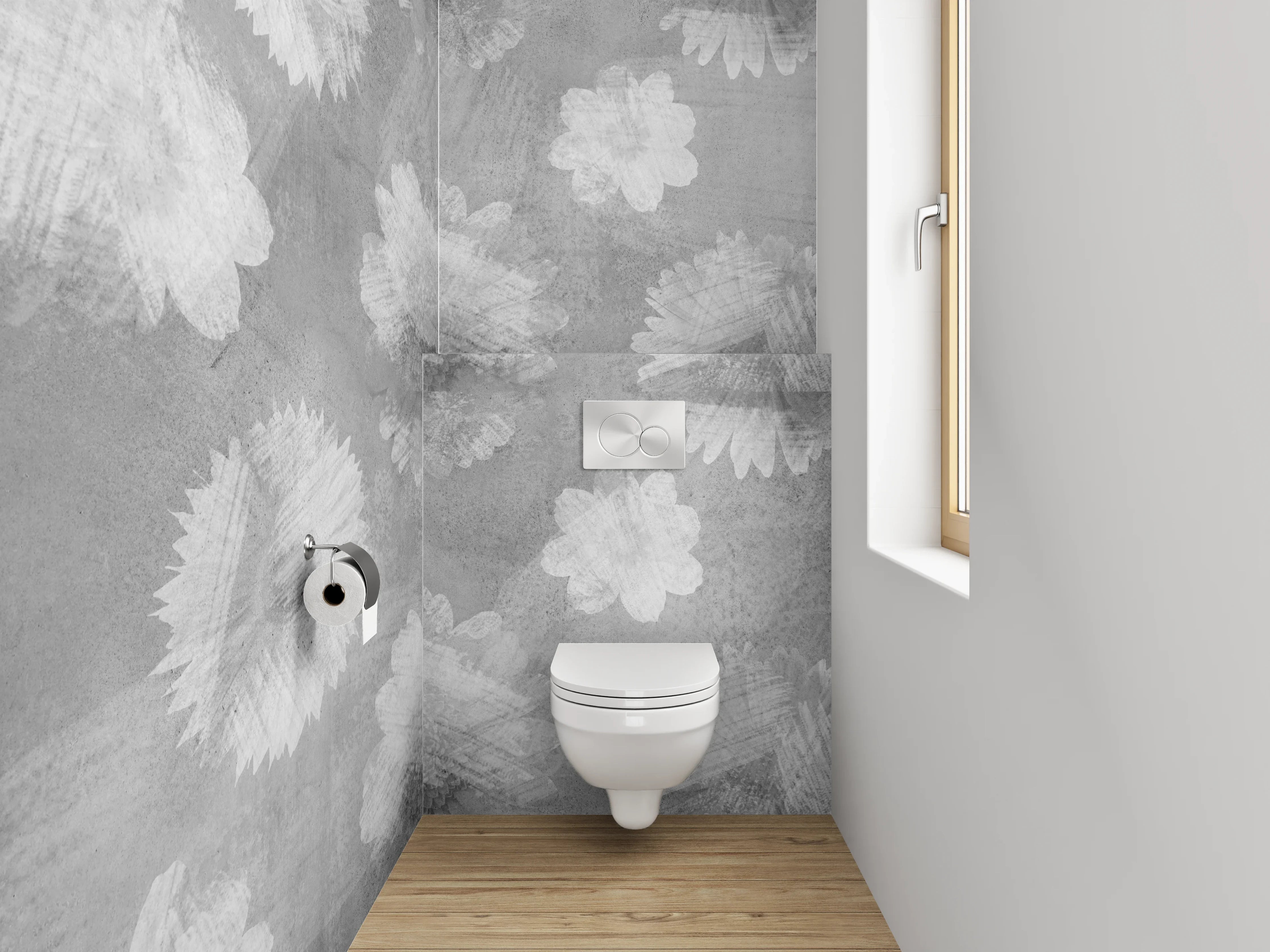 WC-Rückwand - Schwarz-weiße Blumen Aquarell Muster