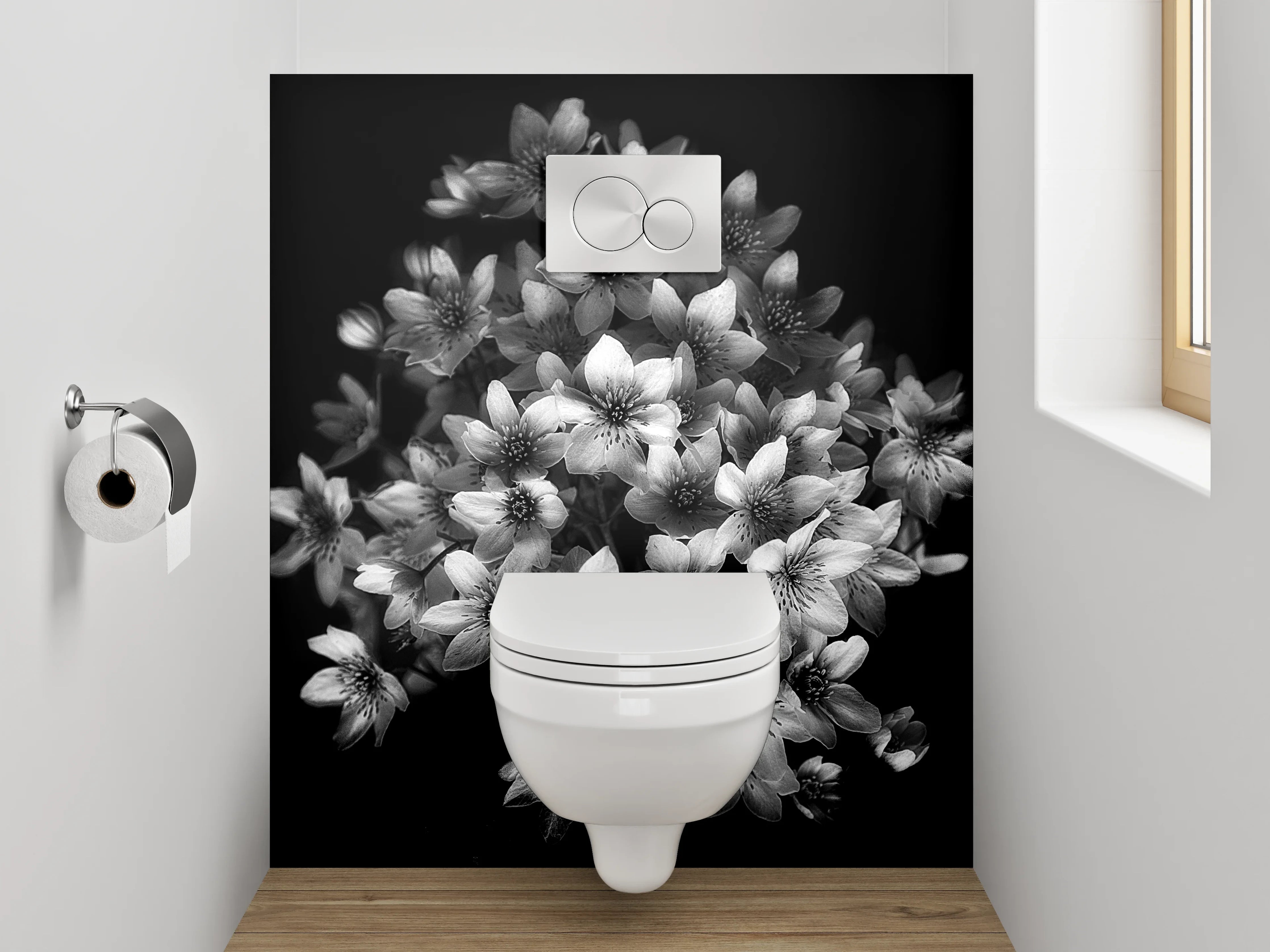 WC-Rückwand - Schwarz-weiße Blumen in eleganter Komposition