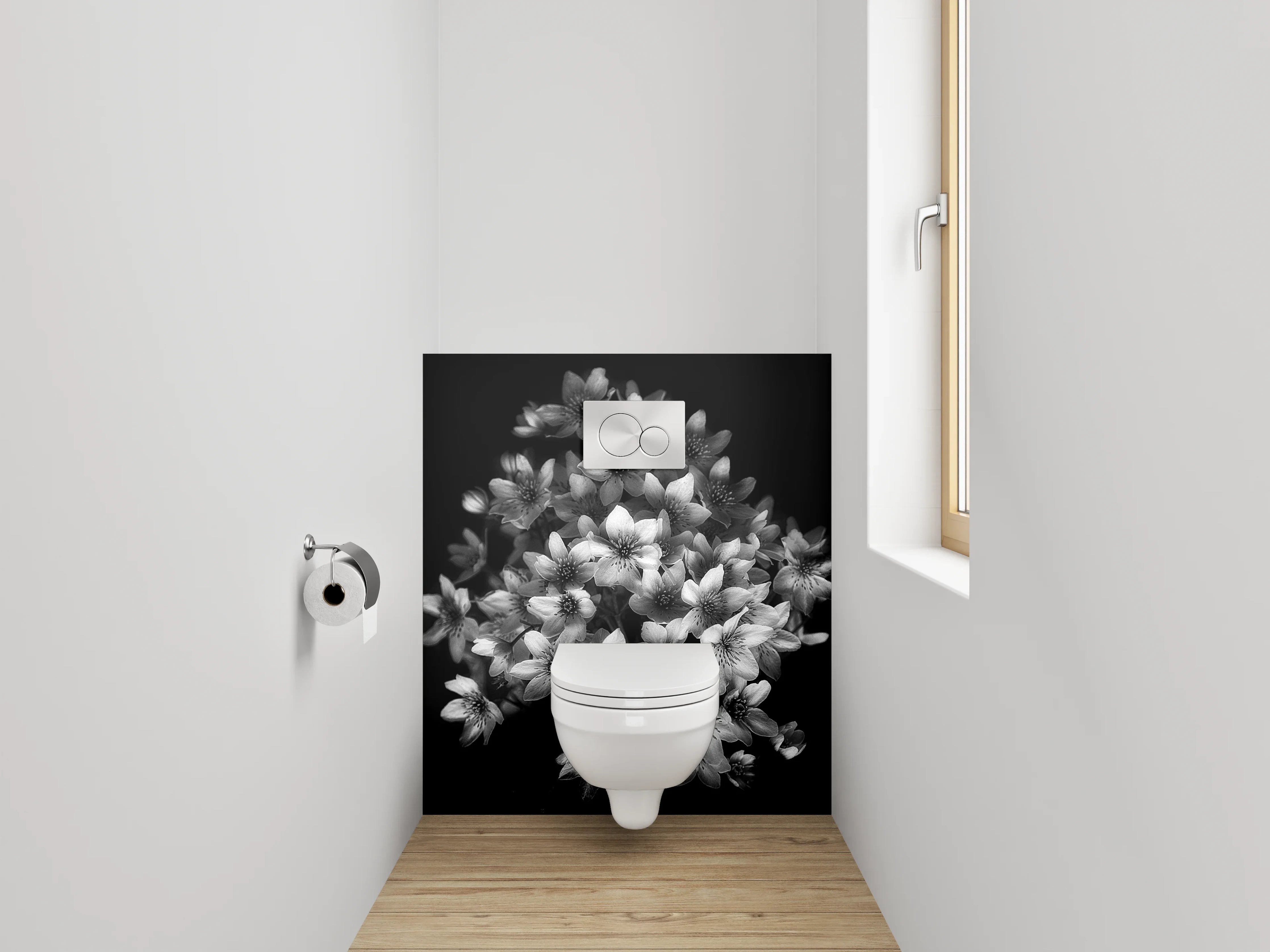 WC-Rückwand - Schwarz-weiße Blumen in eleganter Komposition