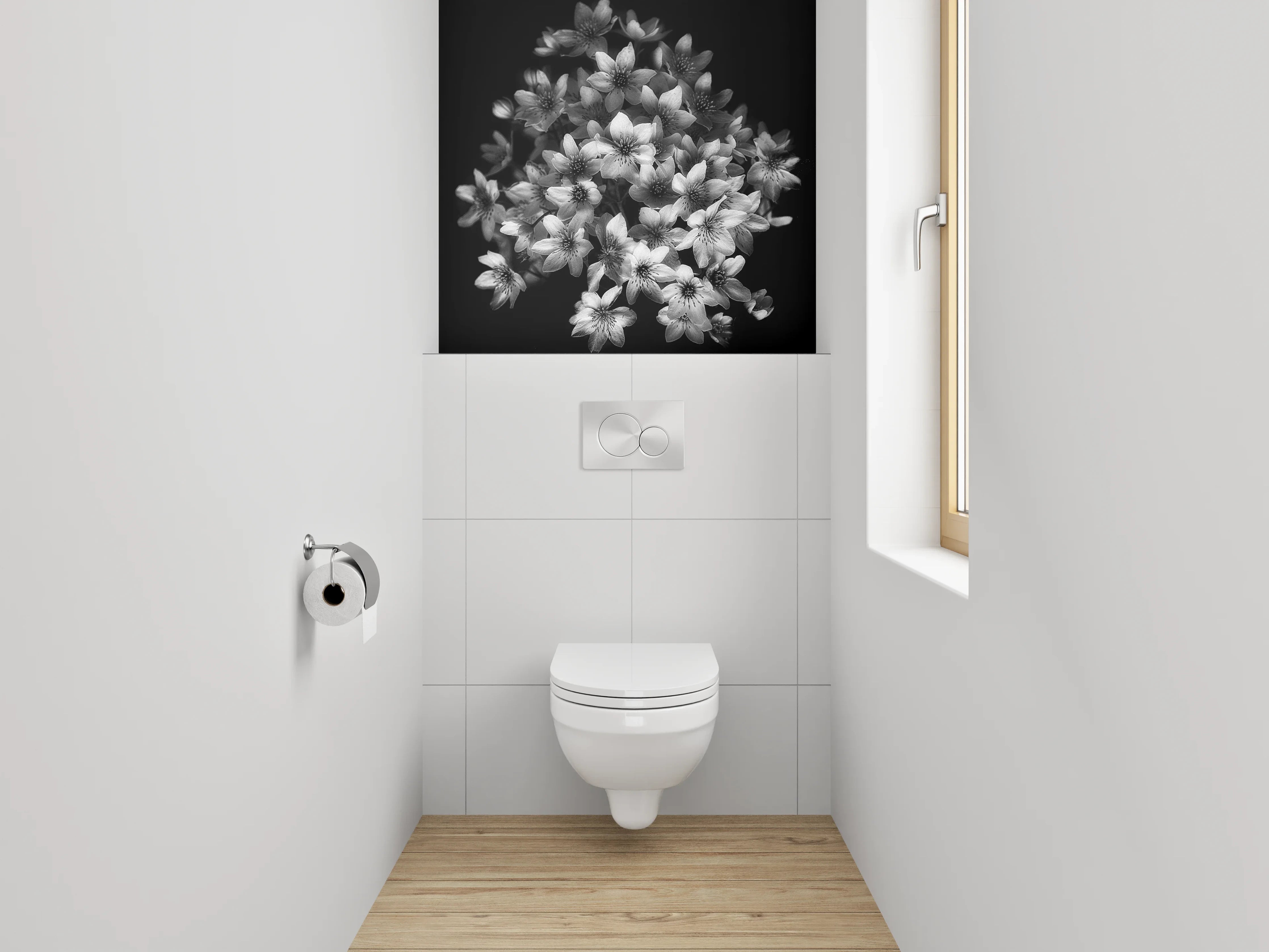 WC-Rückwand - Schwarz-weiße Blumen in eleganter Komposition