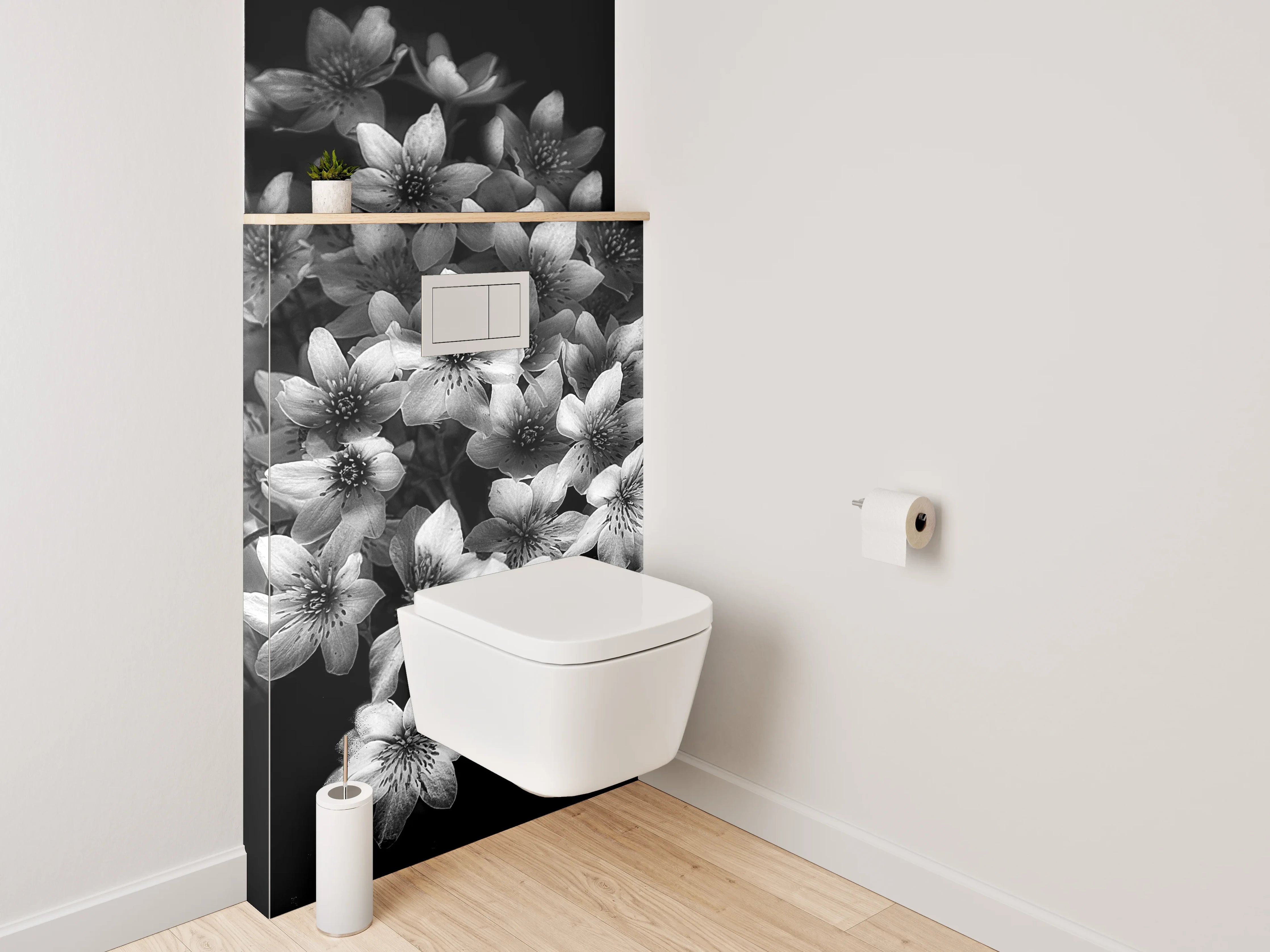 WC-Rückwand - Schwarz-weiße Blumen in eleganter Komposition