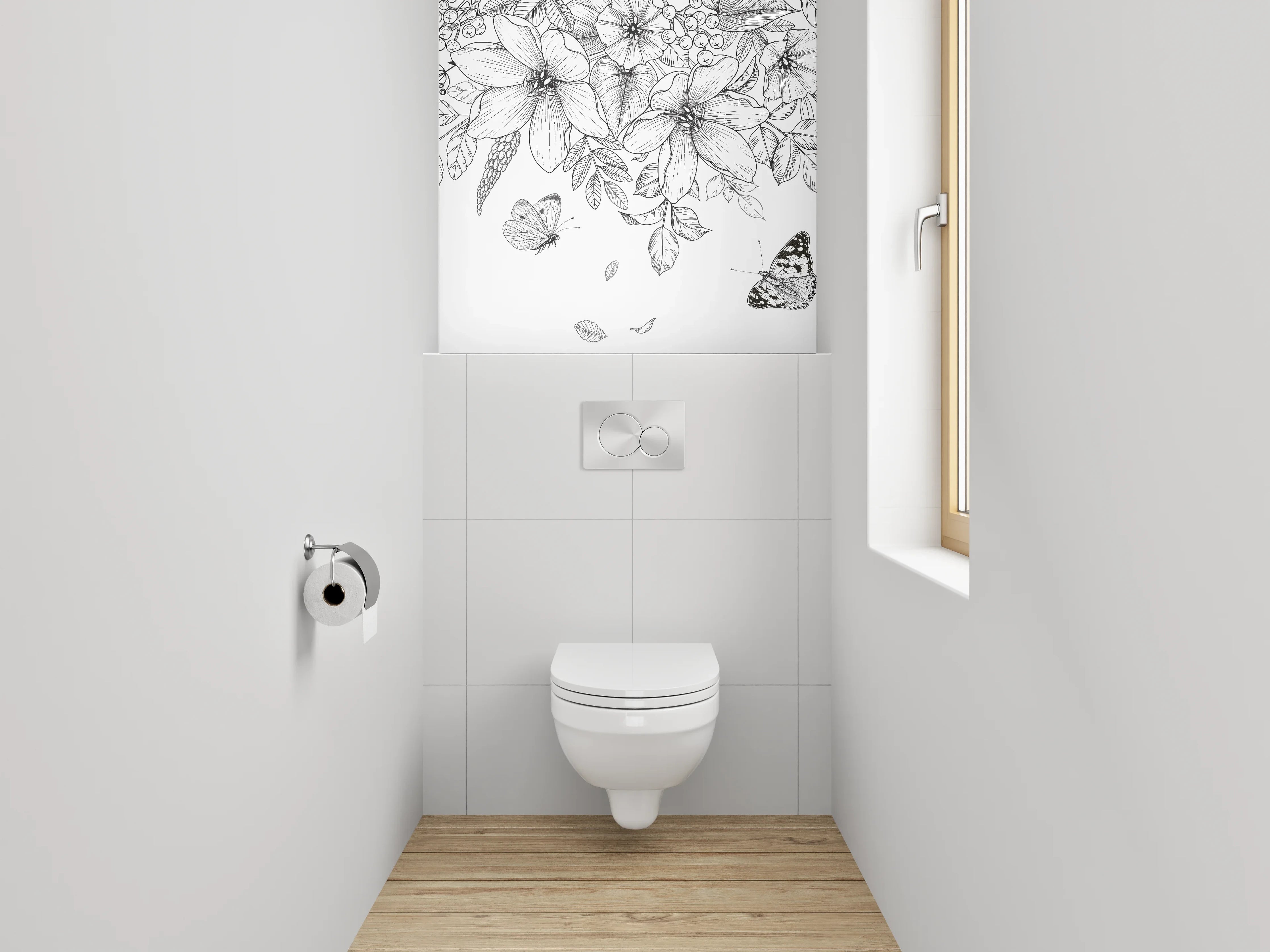 WC-Rückwand - Schwarz-weiße Blumen und Schmetterlinge Zeichnung