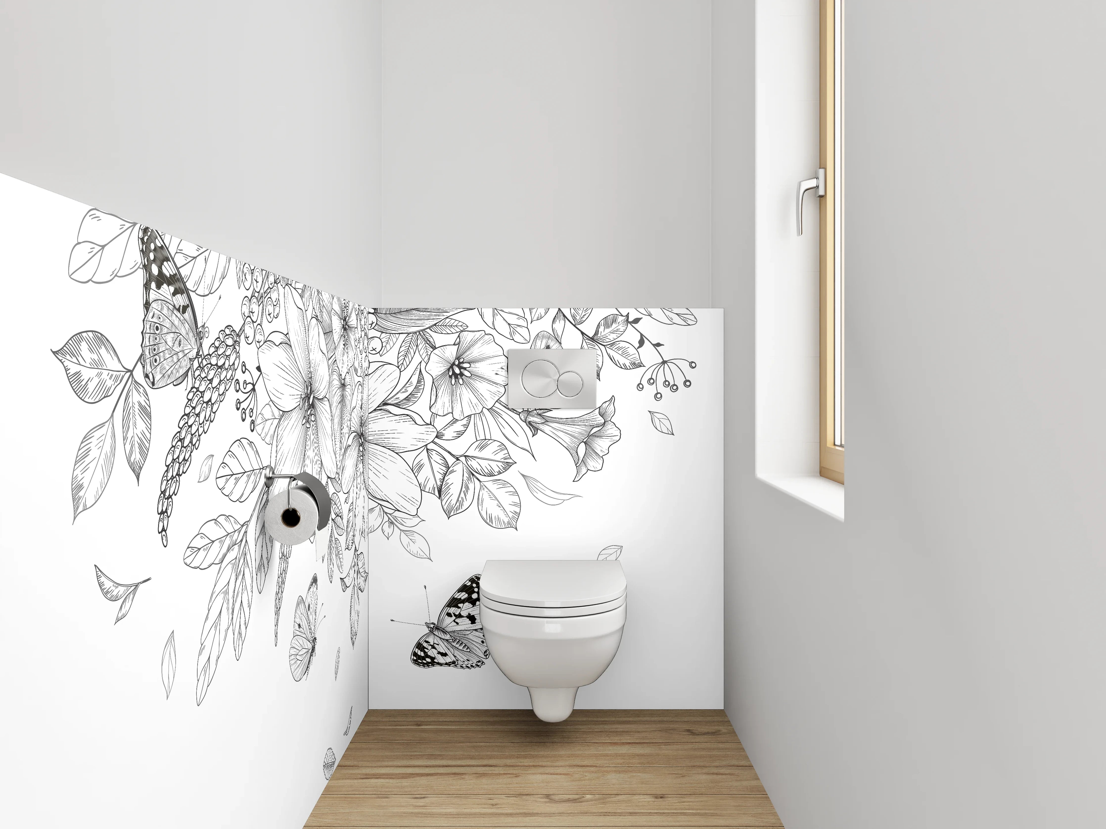 WC-Rückwand - Schwarz-weiße Blumen und Schmetterlinge Zeichnung