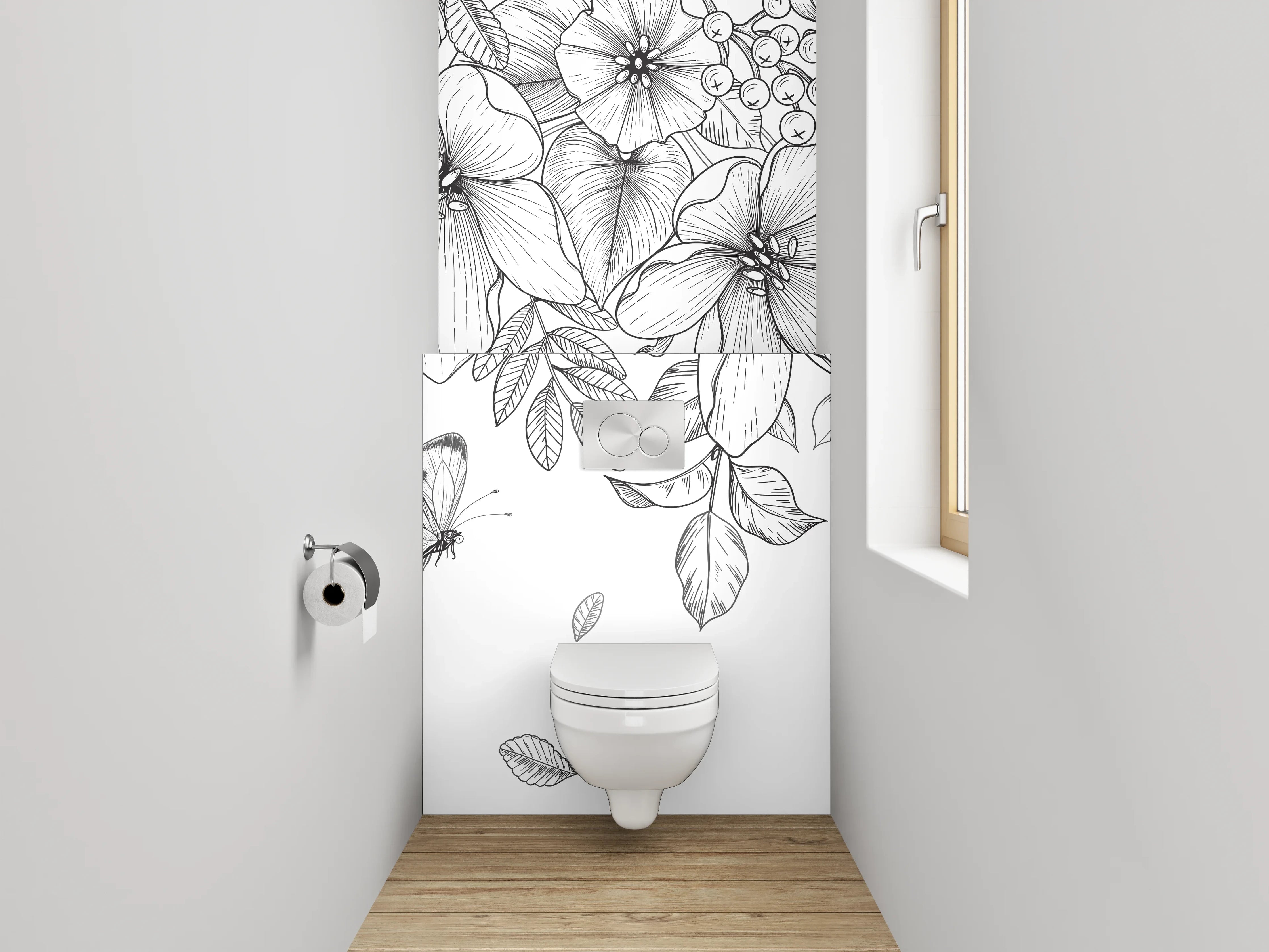 WC-Rückwand - Schwarz-weiße Blumen und Schmetterlinge Zeichnung