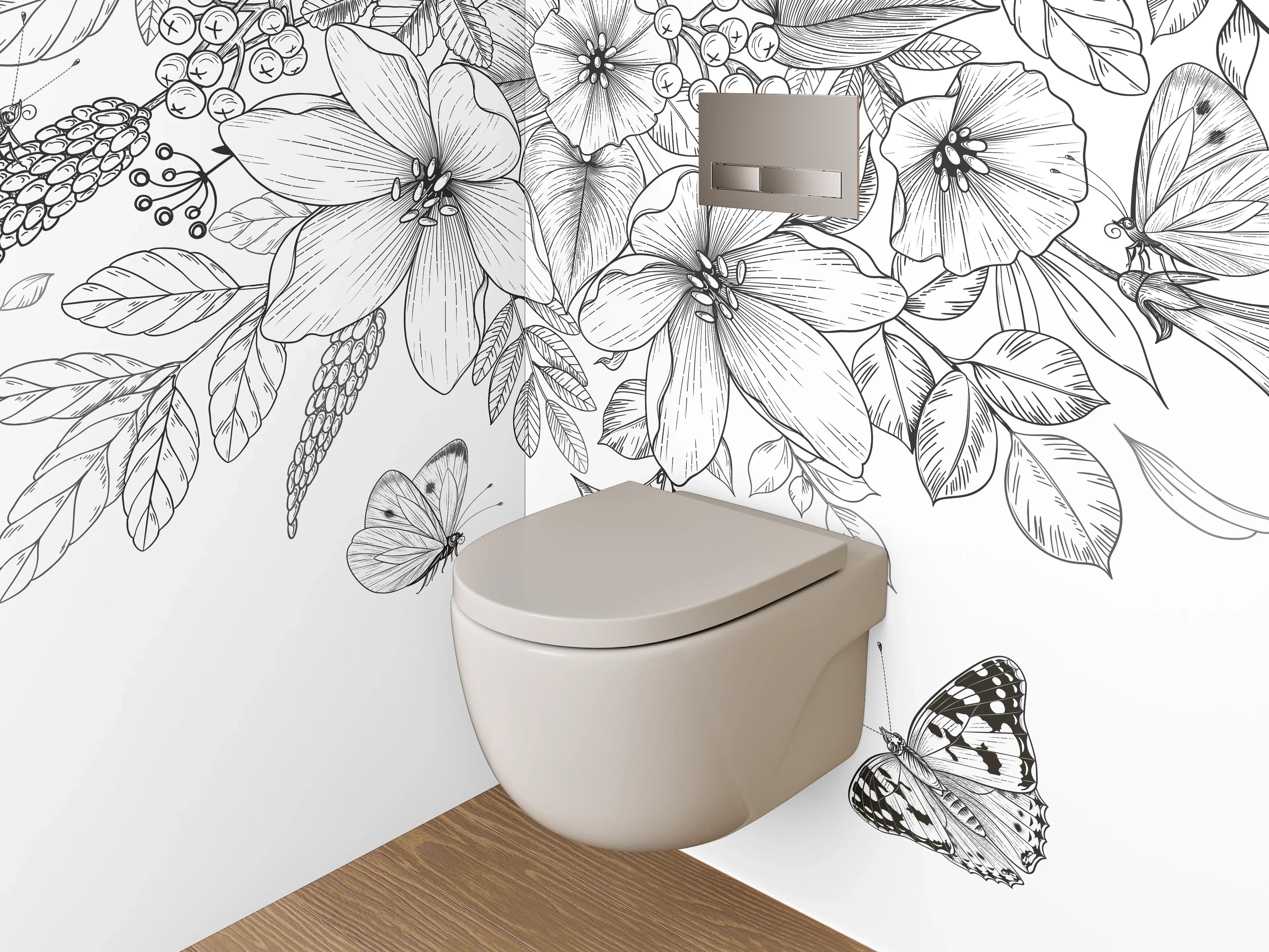 WC-Rückwand - Schwarz-weiße Blumen und Schmetterlinge Zeichnung