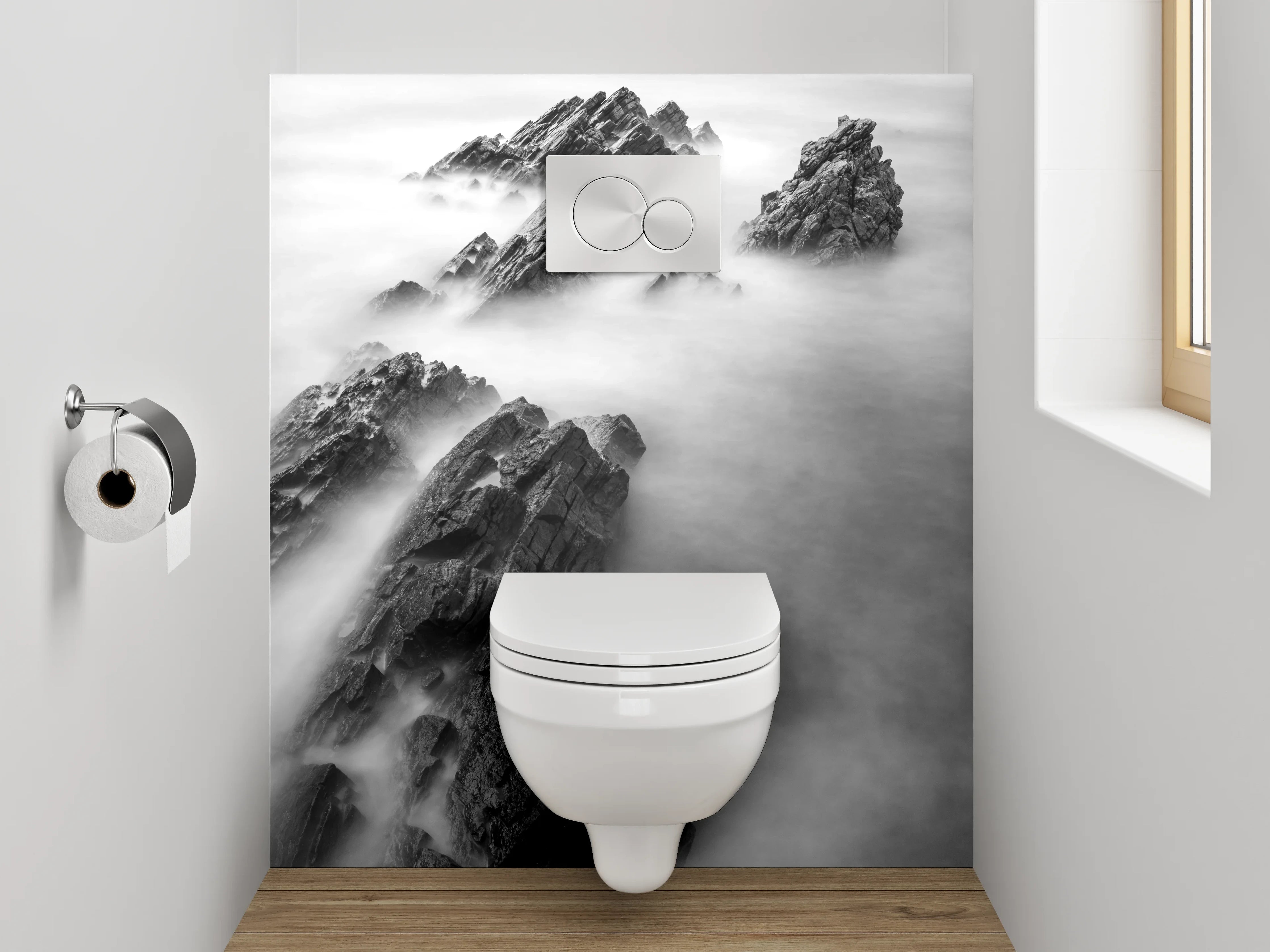 WC-Rückwand - Schwarz-weiße Felsen im Nebelmeer