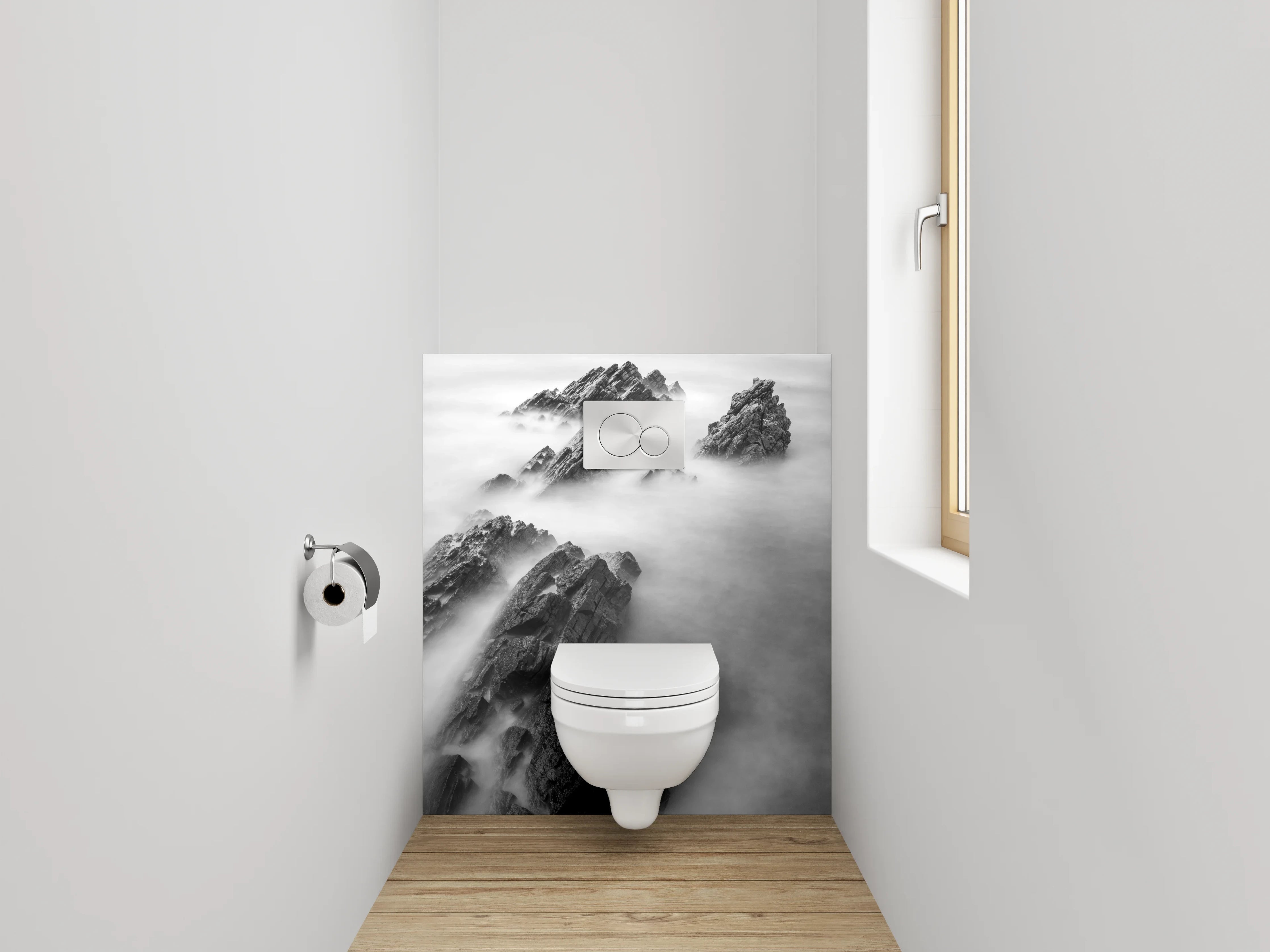 WC-Rückwand - Schwarz-weiße Felsen im Nebelmeer