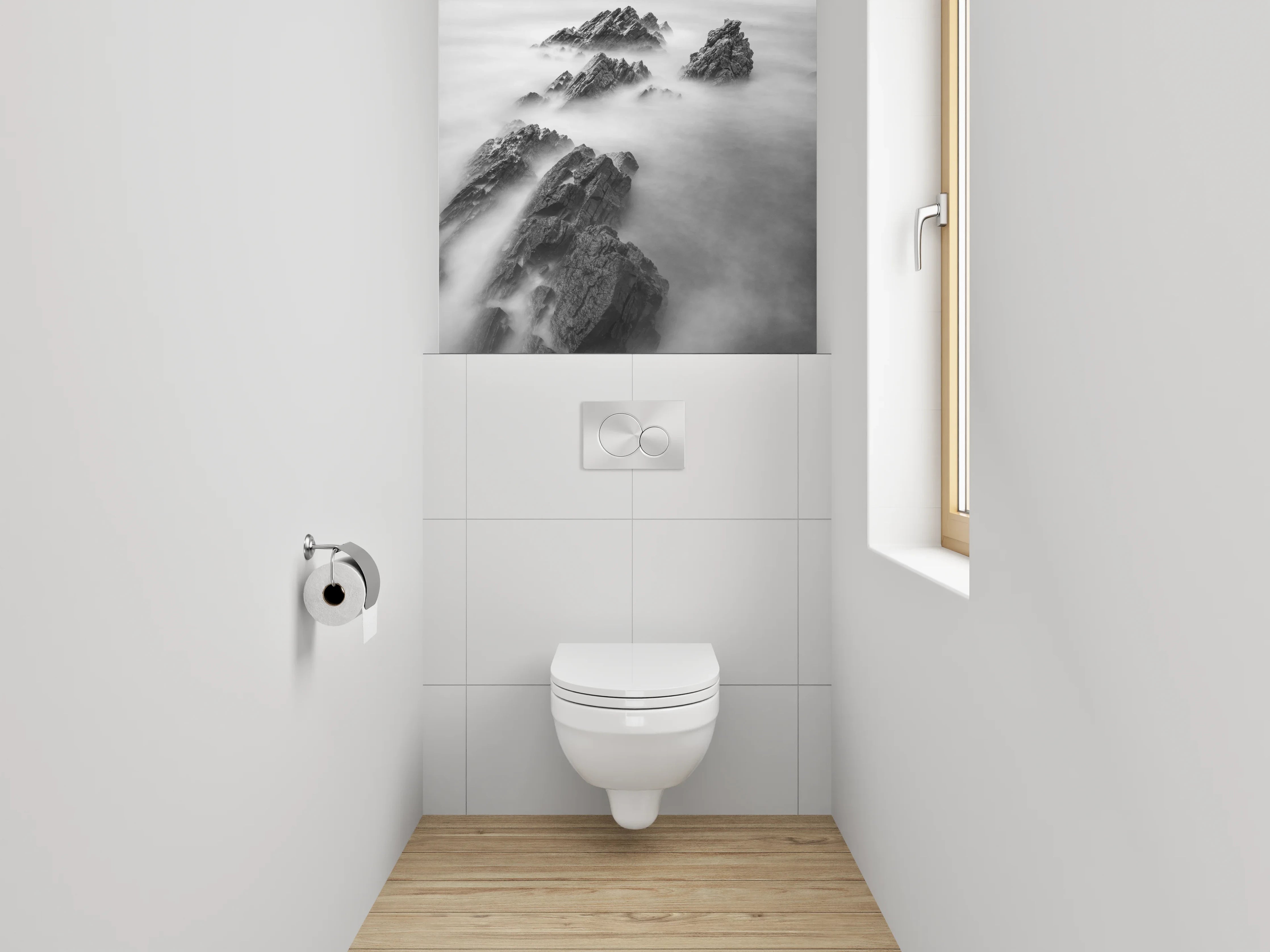 WC-Rückwand - Schwarz-weiße Felsen im Nebelmeer