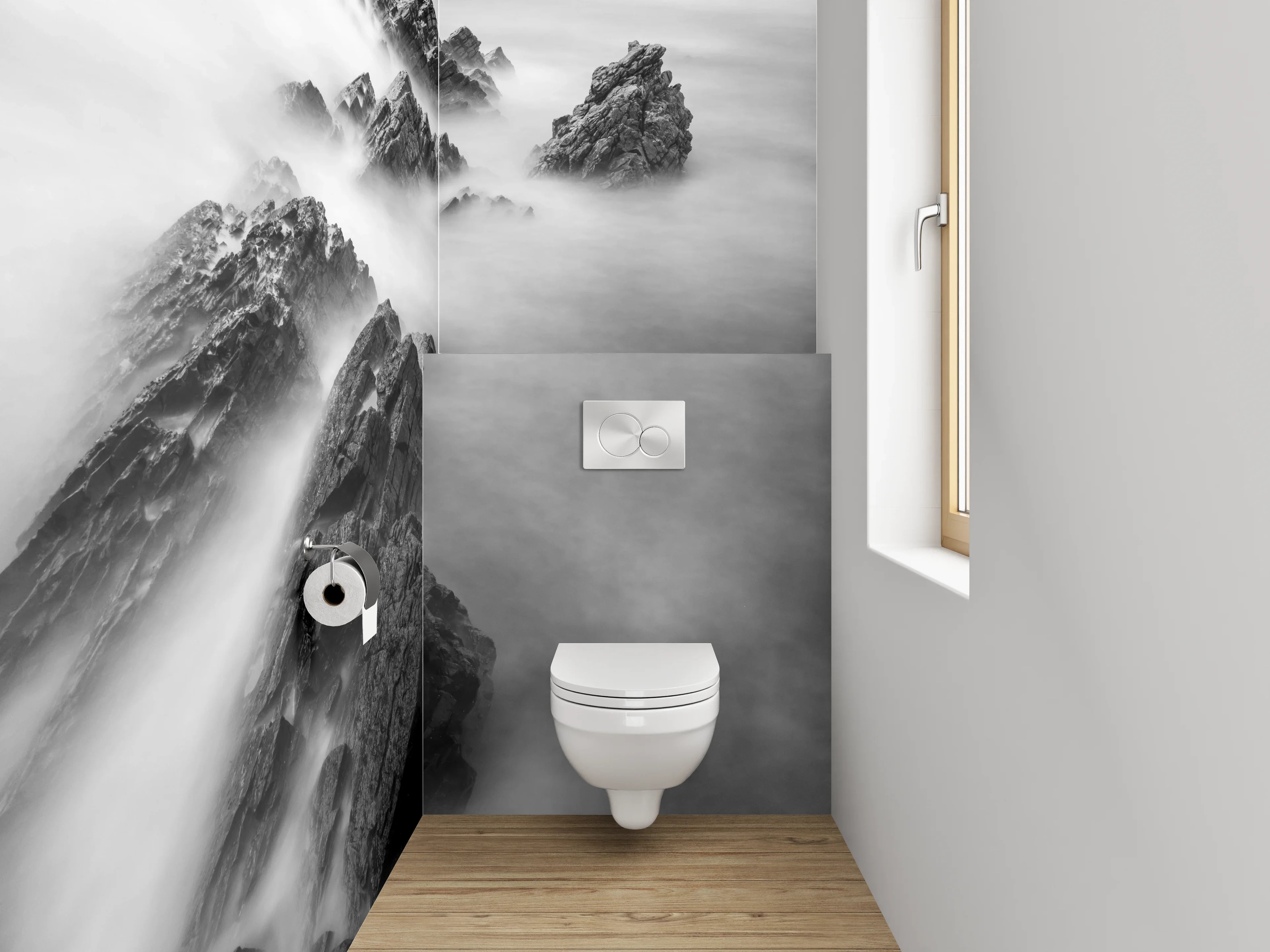 WC-Rückwand - Schwarz-weiße Felsen im Nebelmeer