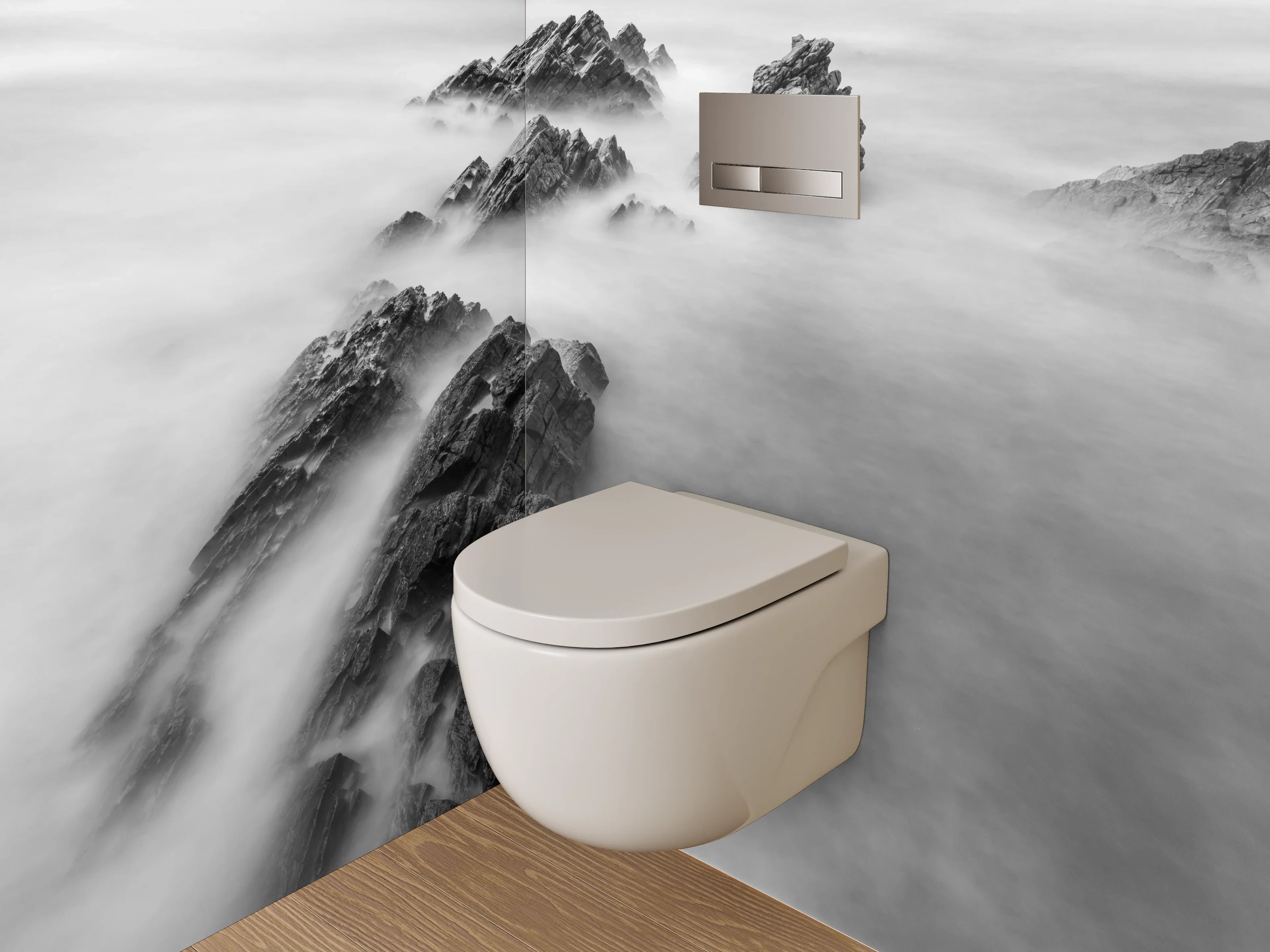 WC-Rückwand - Schwarz-weiße Felsen im Nebelmeer
