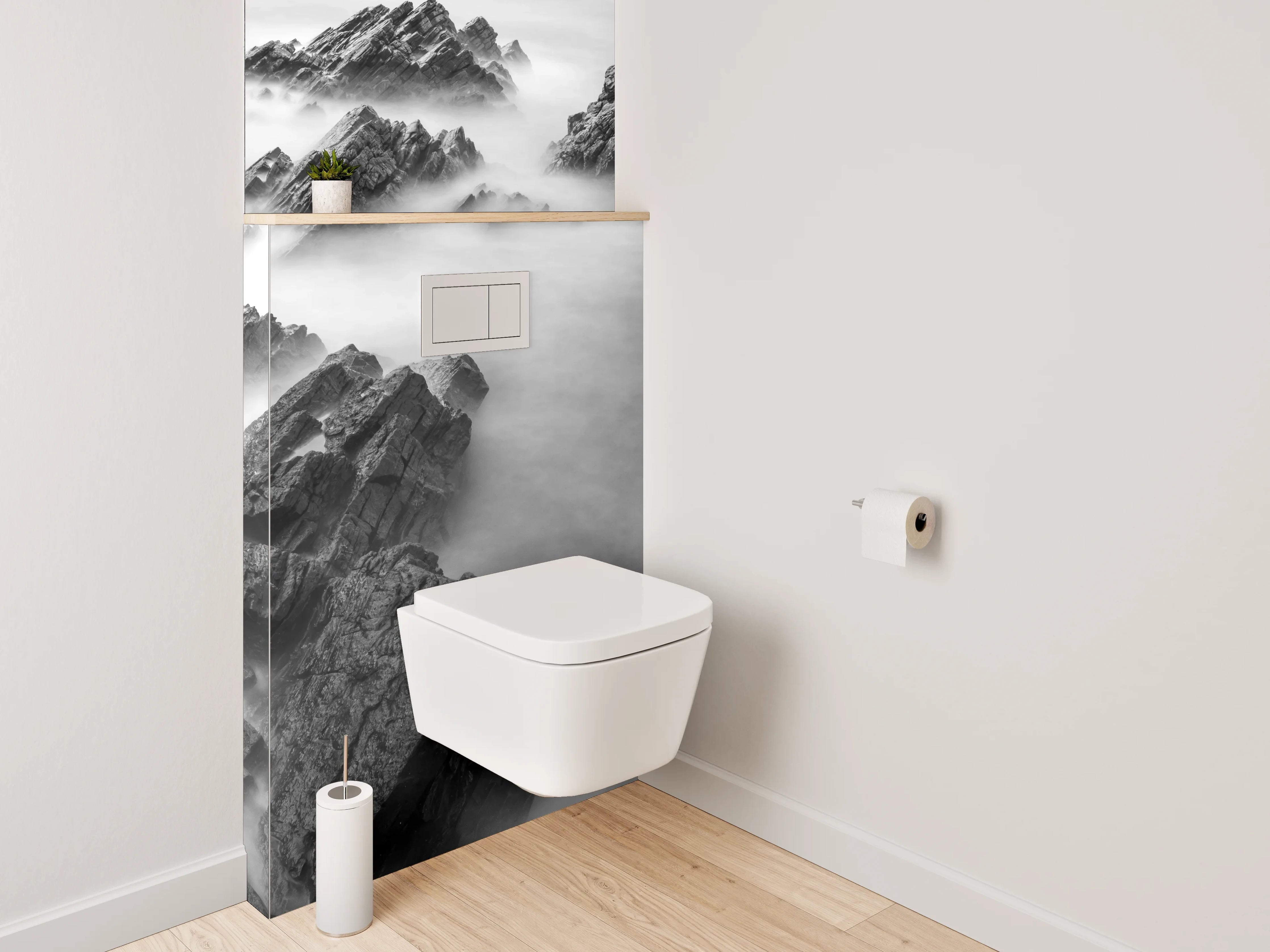 WC-Rückwand - Schwarz-weiße Felsen im Nebelmeer