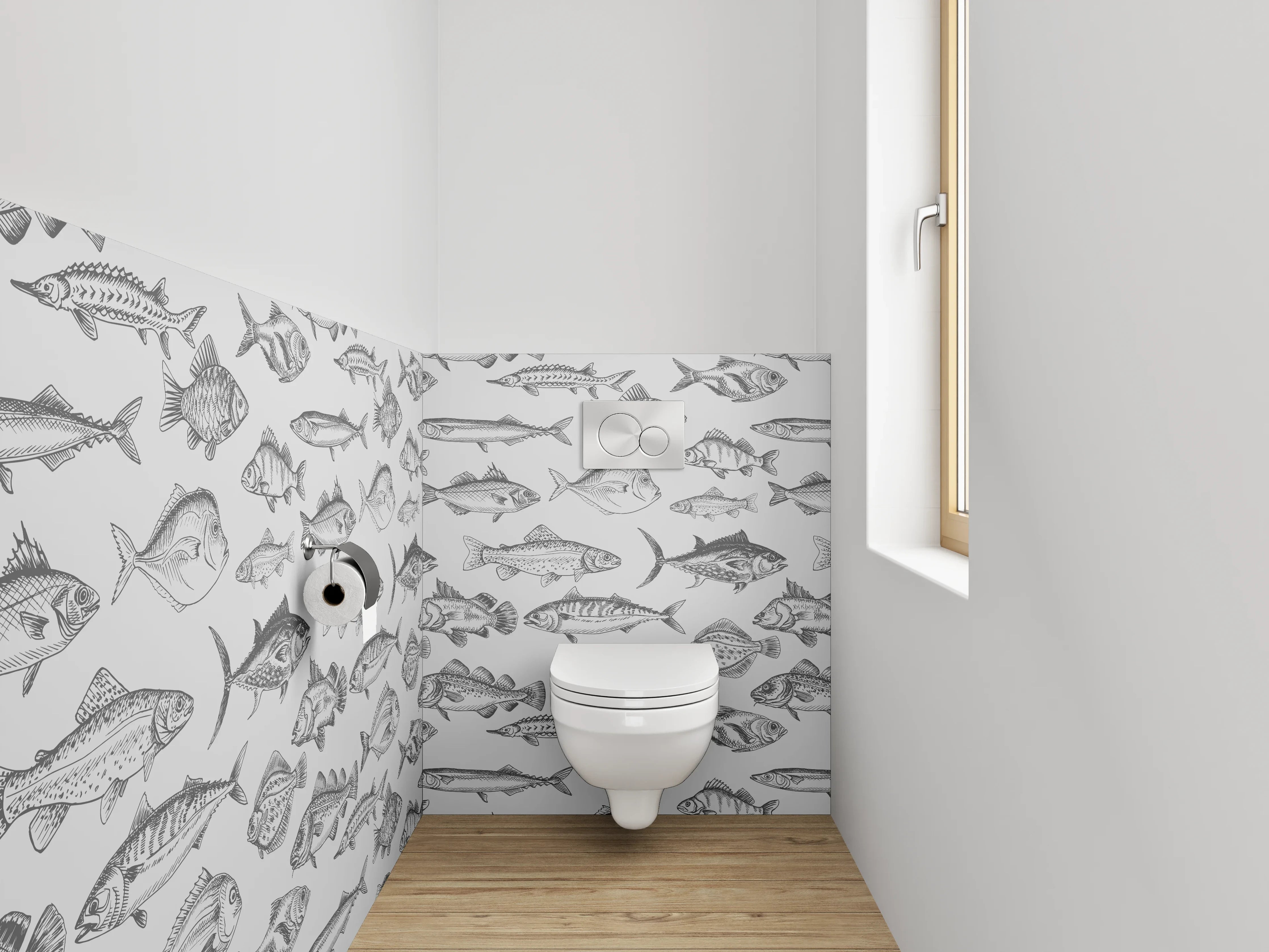 WC-Rückwand - Schwarz-weiße Fisch-Illustration Muster