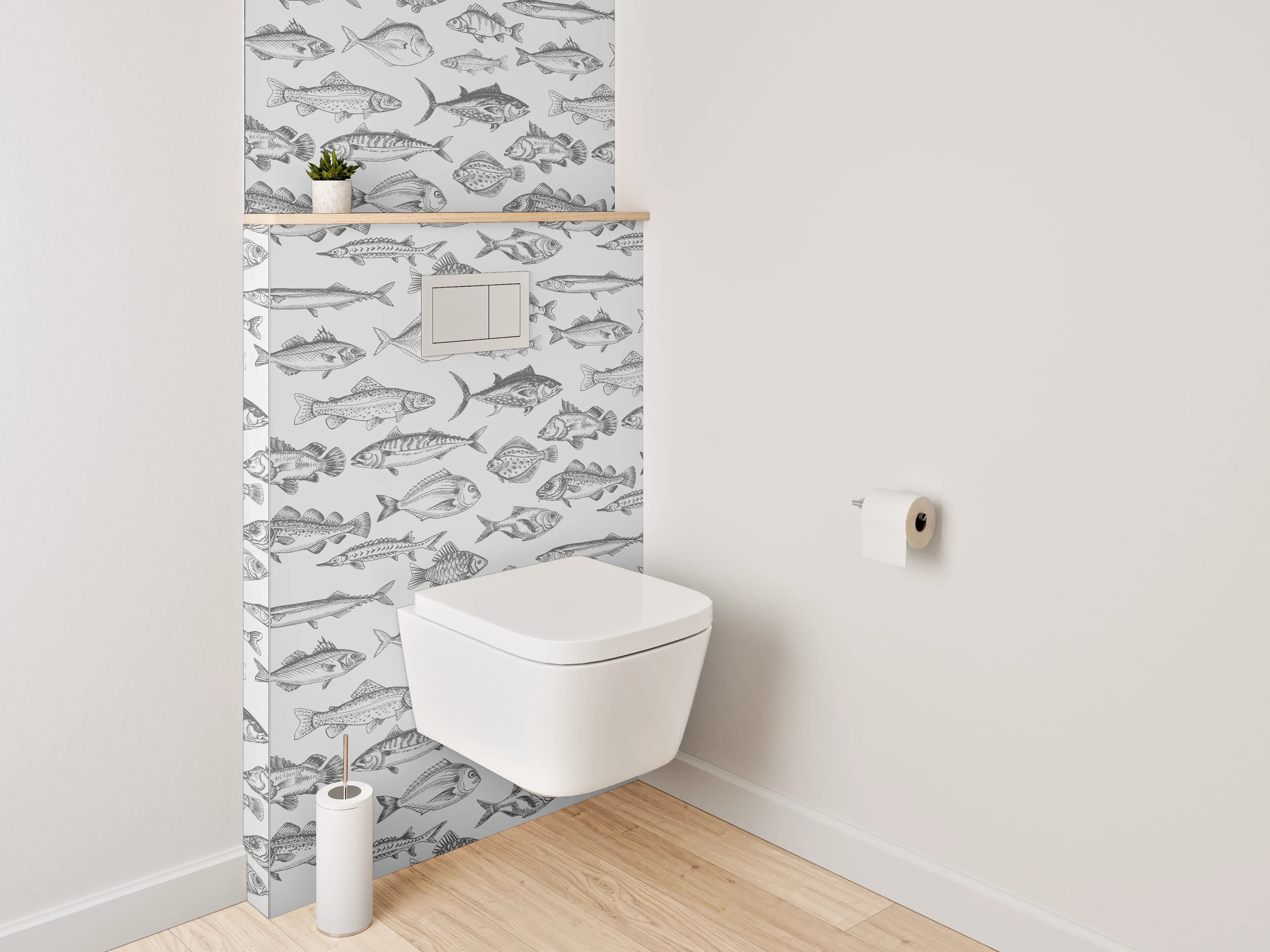 WC-Rückwand - Schwarz-weiße Fisch-Illustration Muster