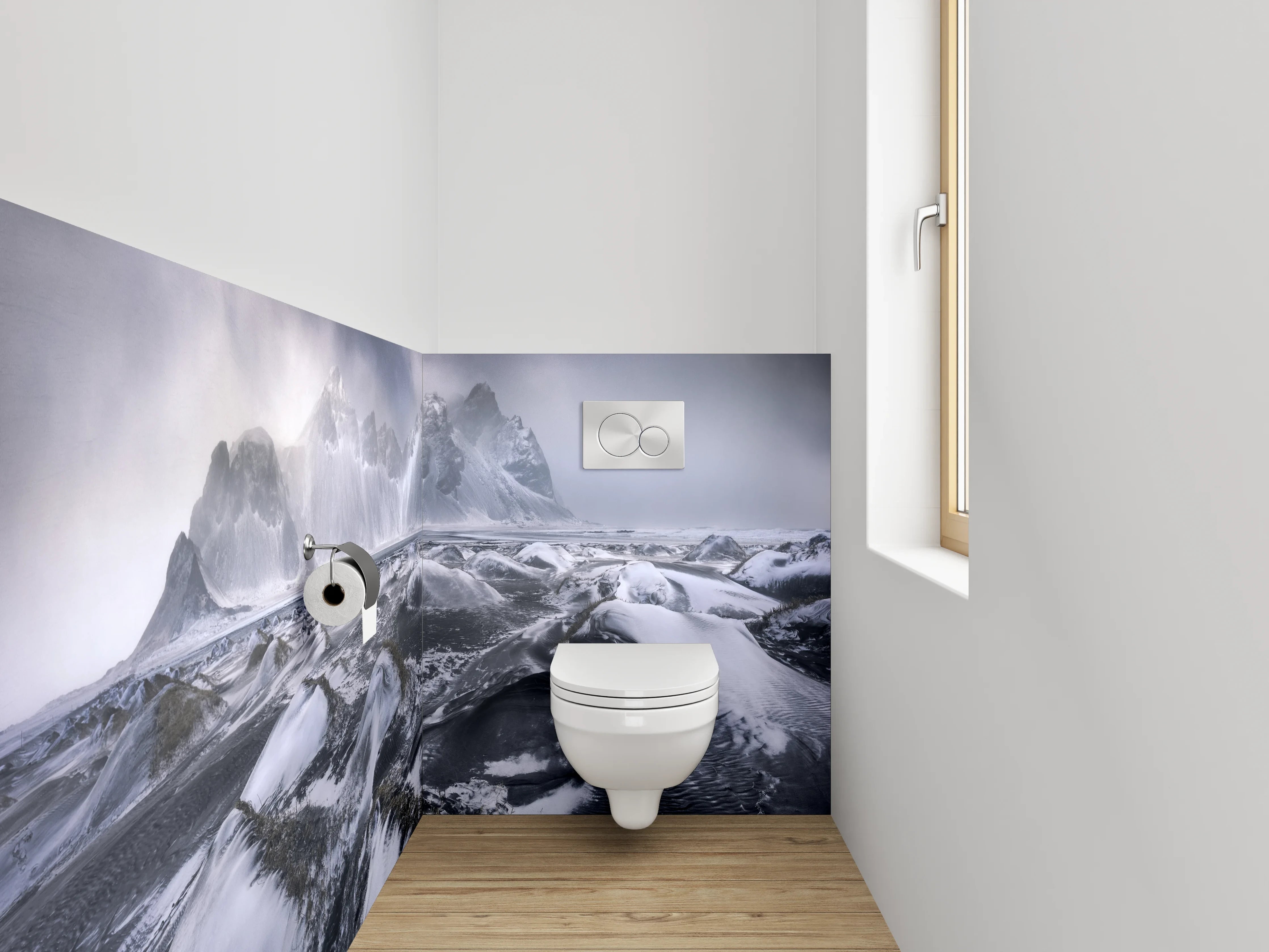 WC-Rückwand - Schwarz-weiße Gletscherlandschaft mit Bergen