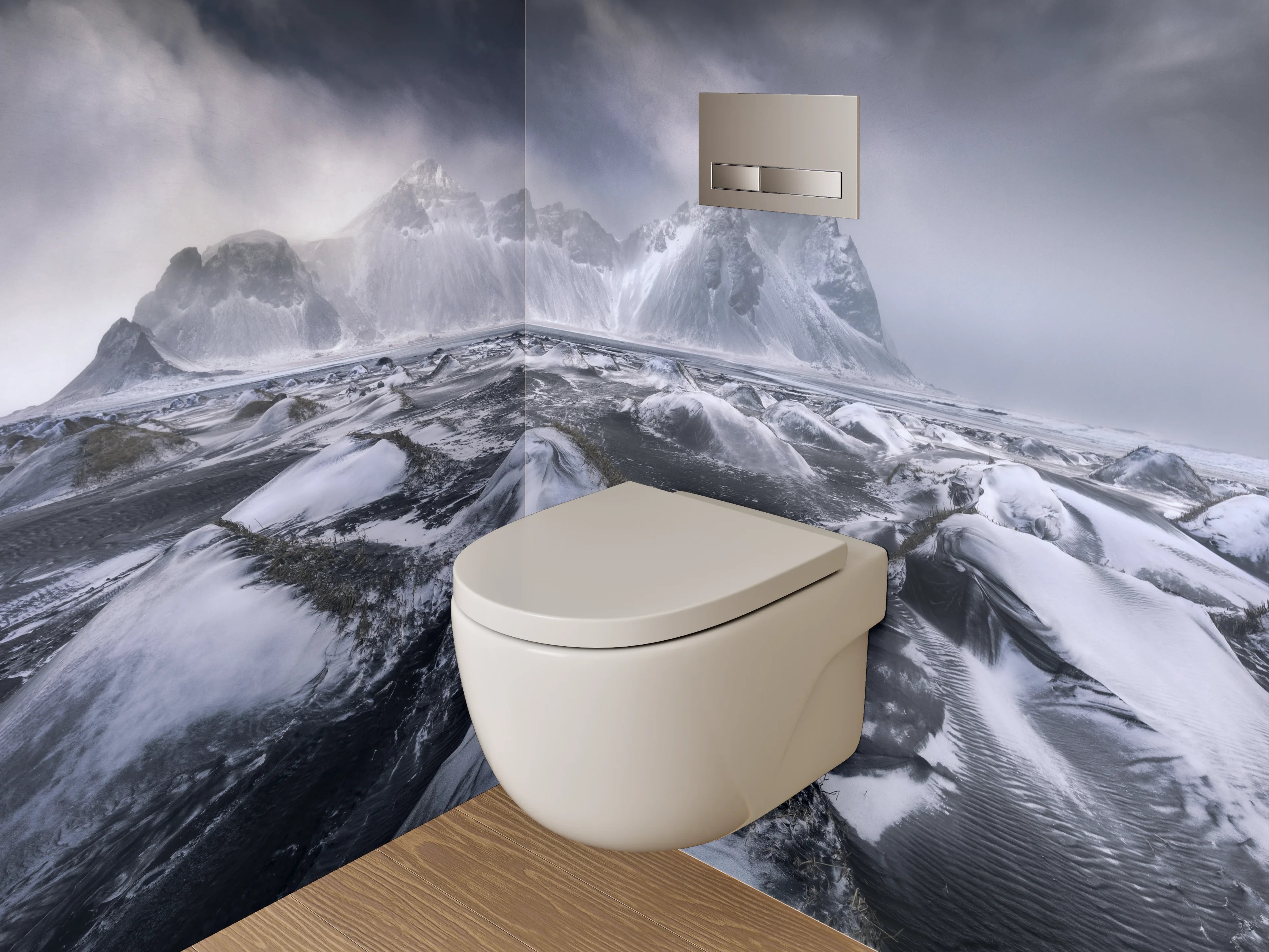 WC-Rückwand - Schwarz-weiße Gletscherlandschaft mit Bergen