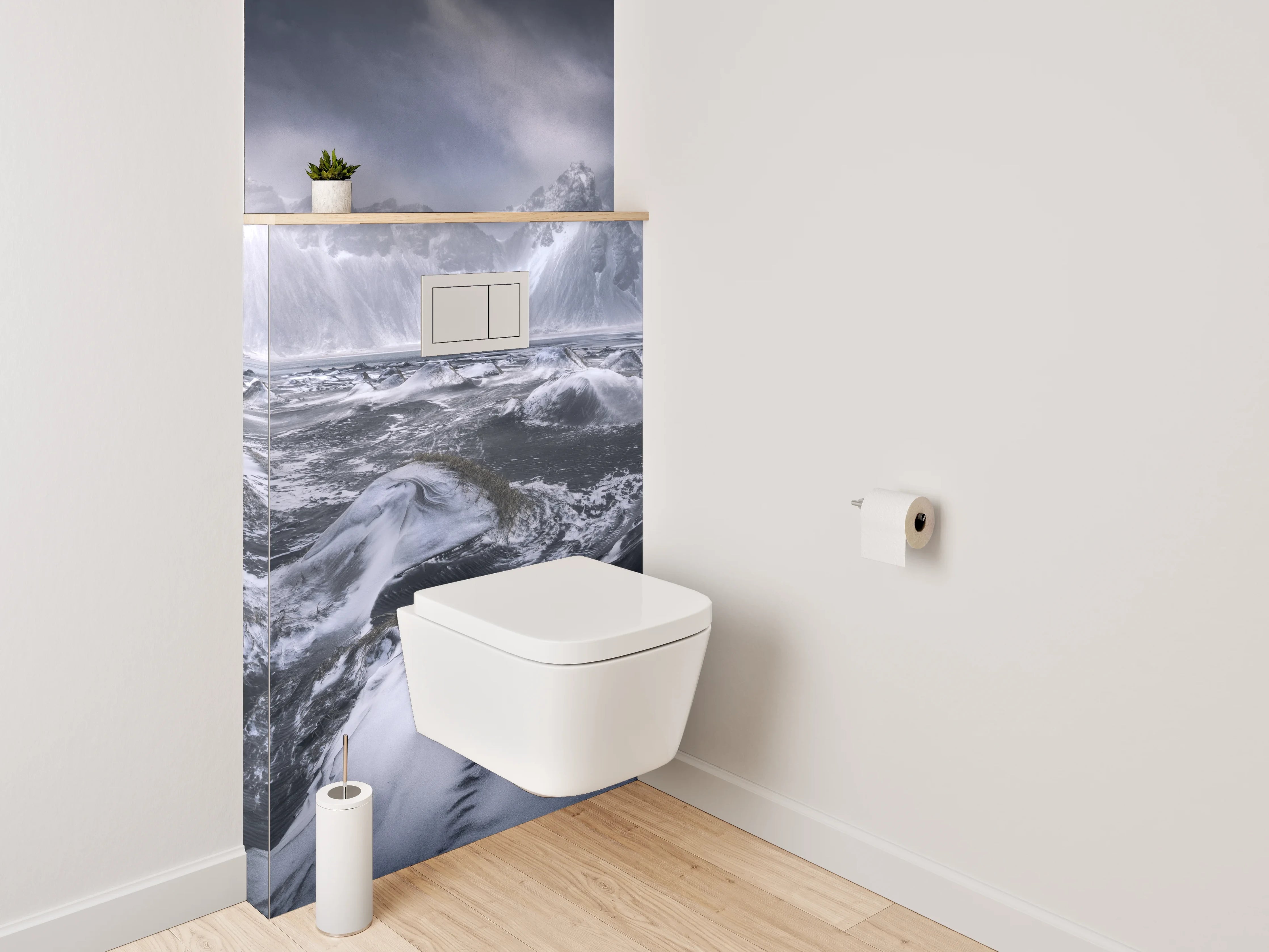 WC-Rückwand - Schwarz-weiße Gletscherlandschaft mit Bergen