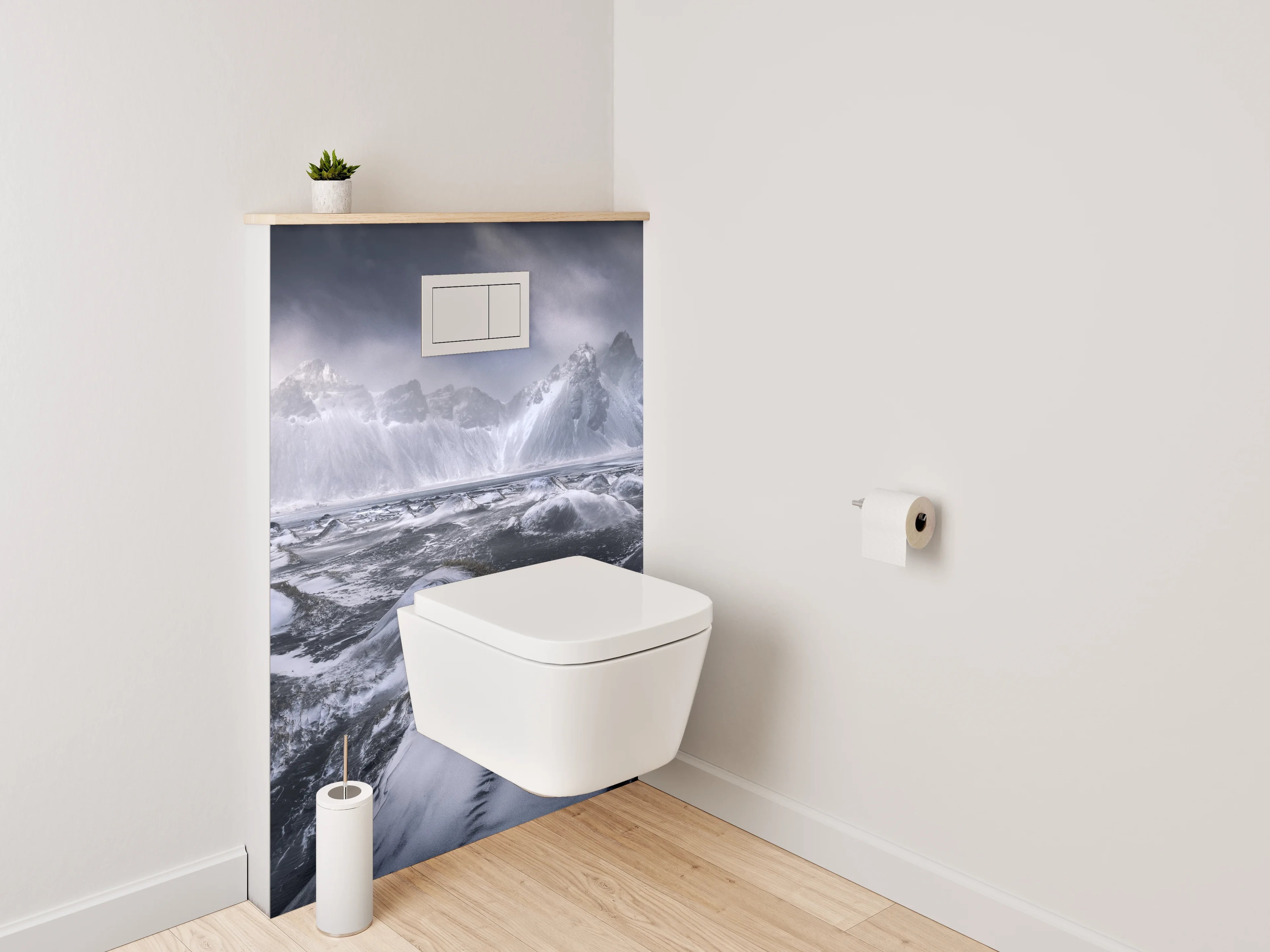 WC-Rückwand - Schwarz-weiße Gletscherlandschaft mit Bergen
