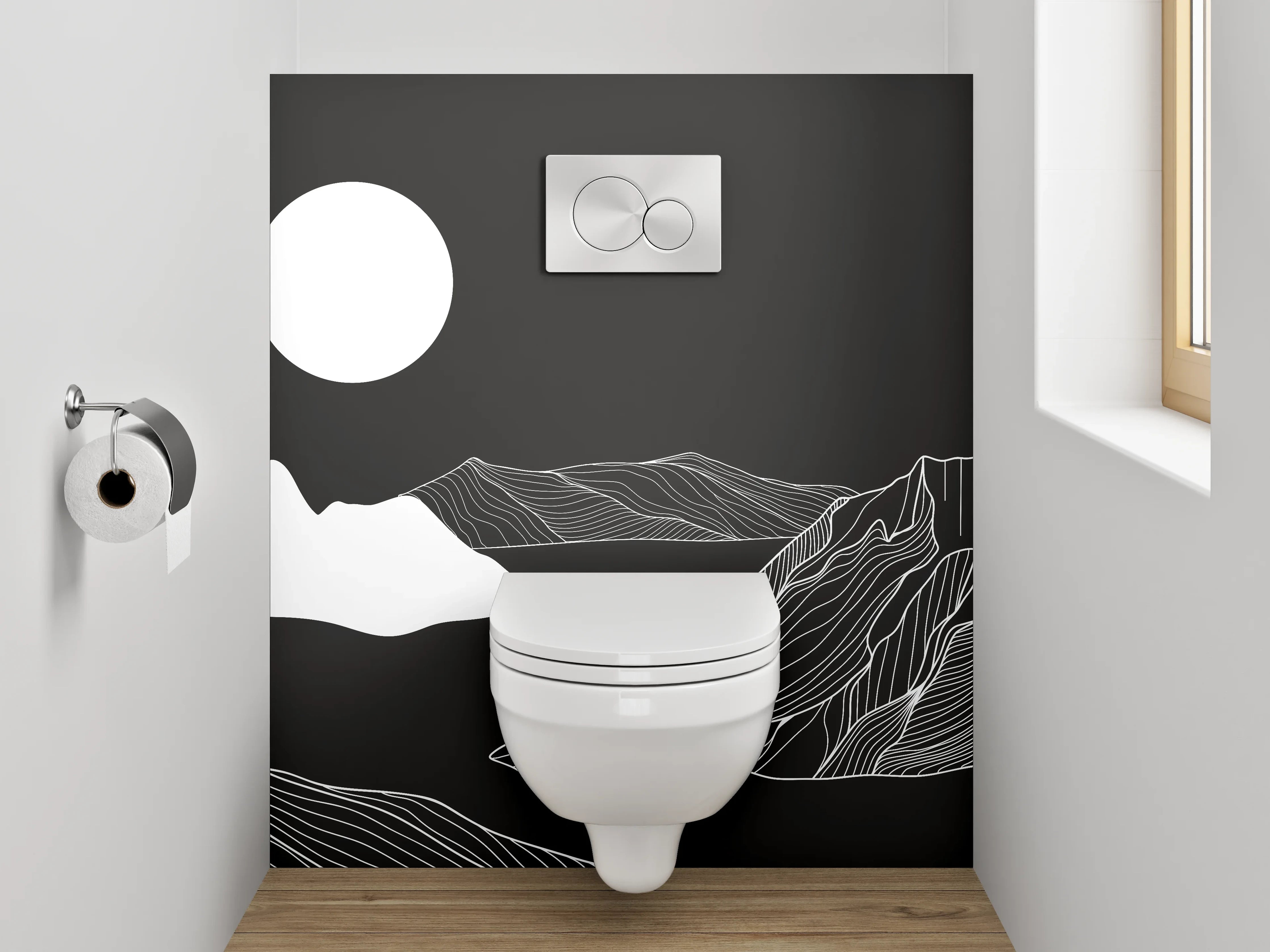 WC-Rückwand - Schwarz-weiße Lineart Berglandschaft Illustration