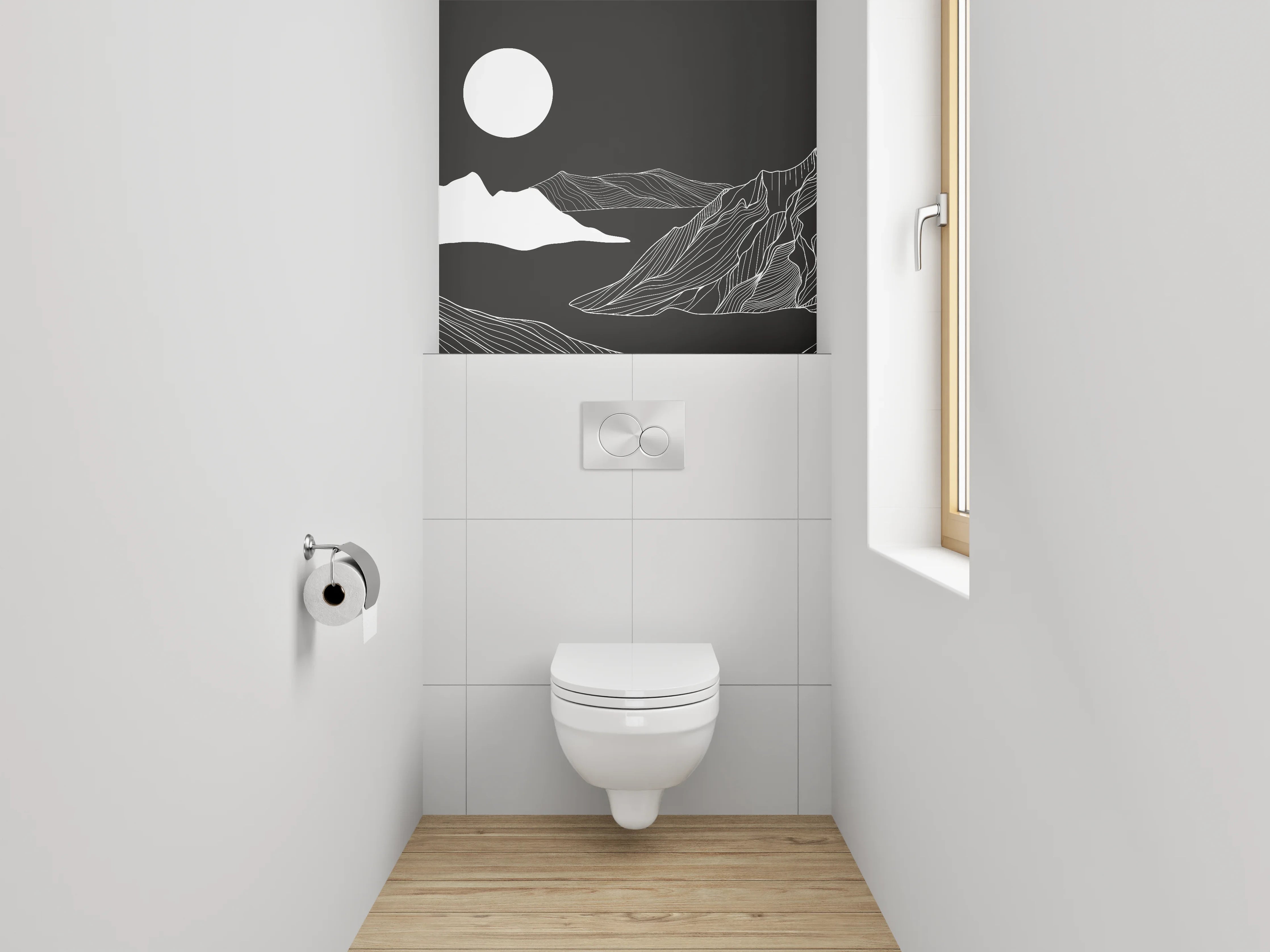 WC-Rückwand - Schwarz-weiße Lineart Berglandschaft Illustration