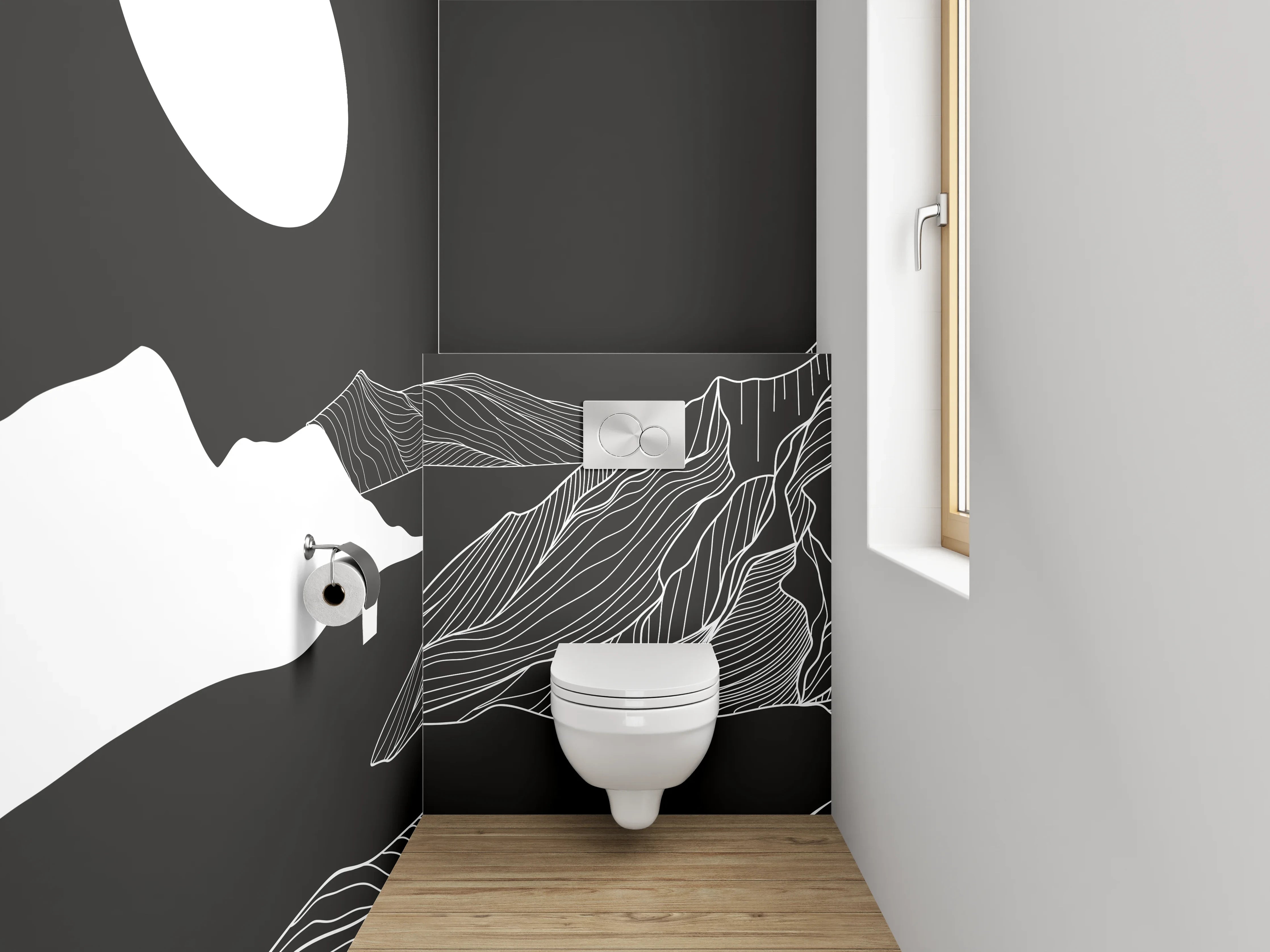 WC-Rückwand - Schwarz-weiße Lineart Berglandschaft Illustration