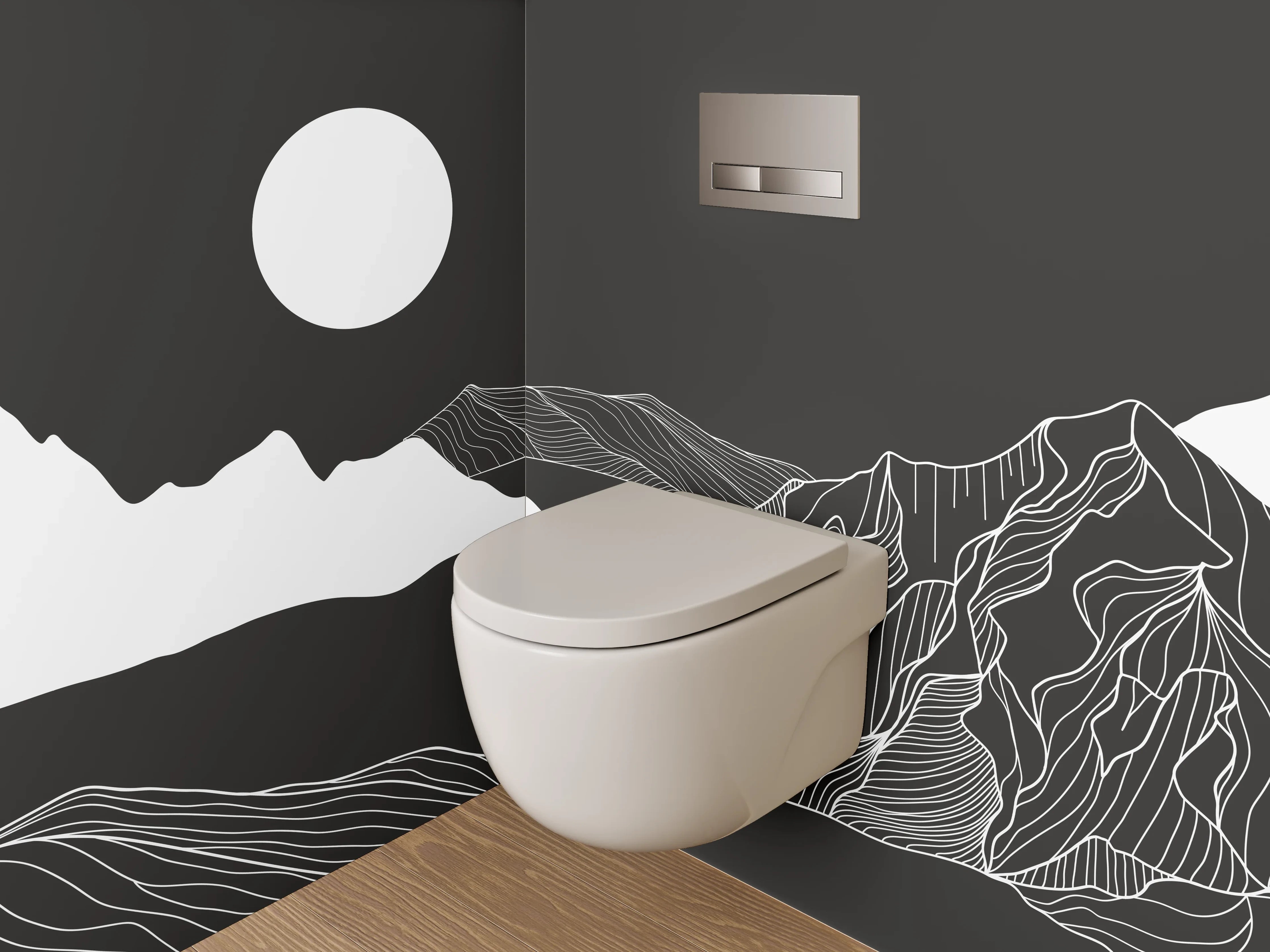 WC-Rückwand - Schwarz-weiße Lineart Berglandschaft Illustration
