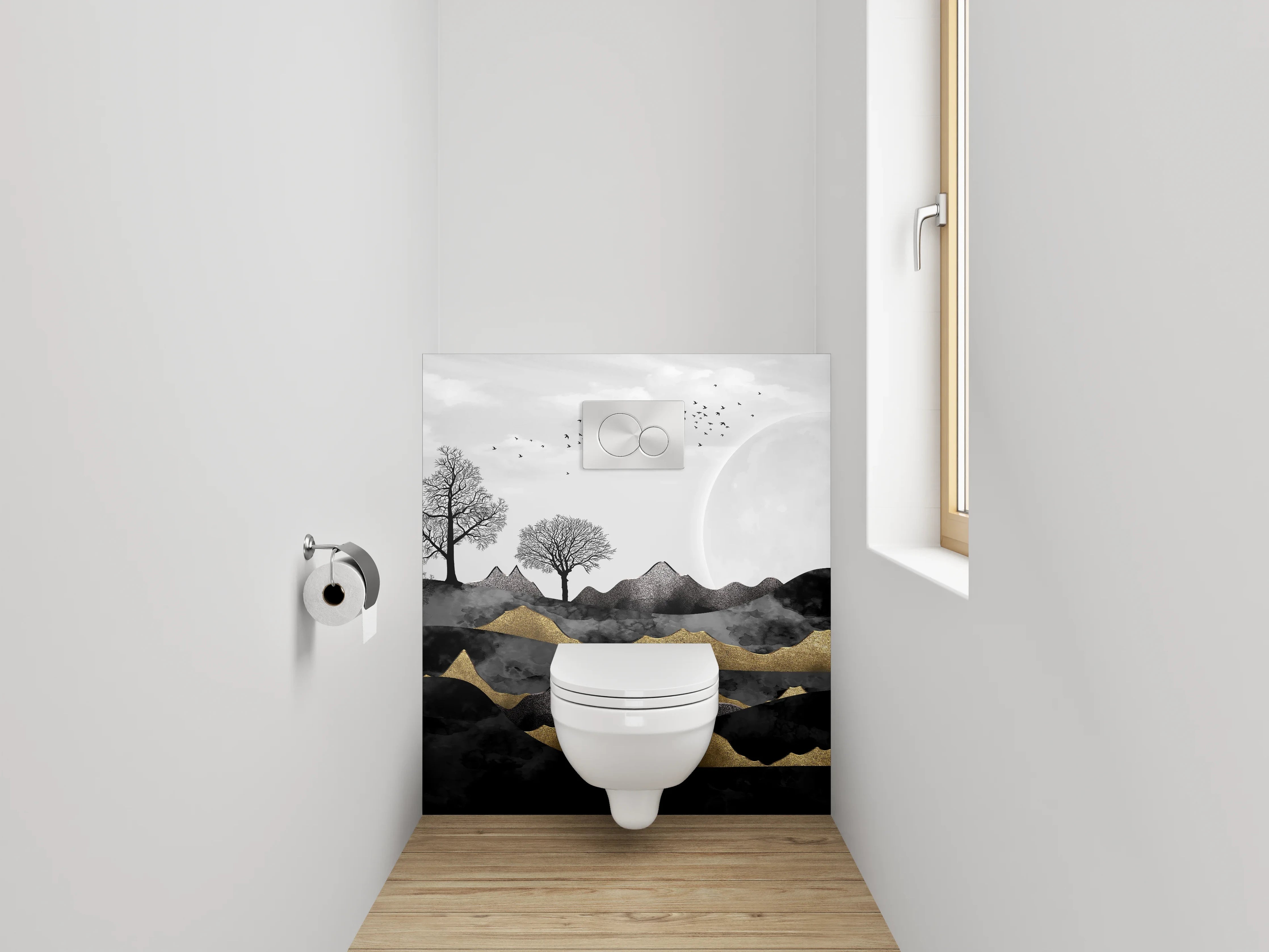 WC-Rückwand - Schwarz-weiße Mondlandschaft mit Goldakzenten