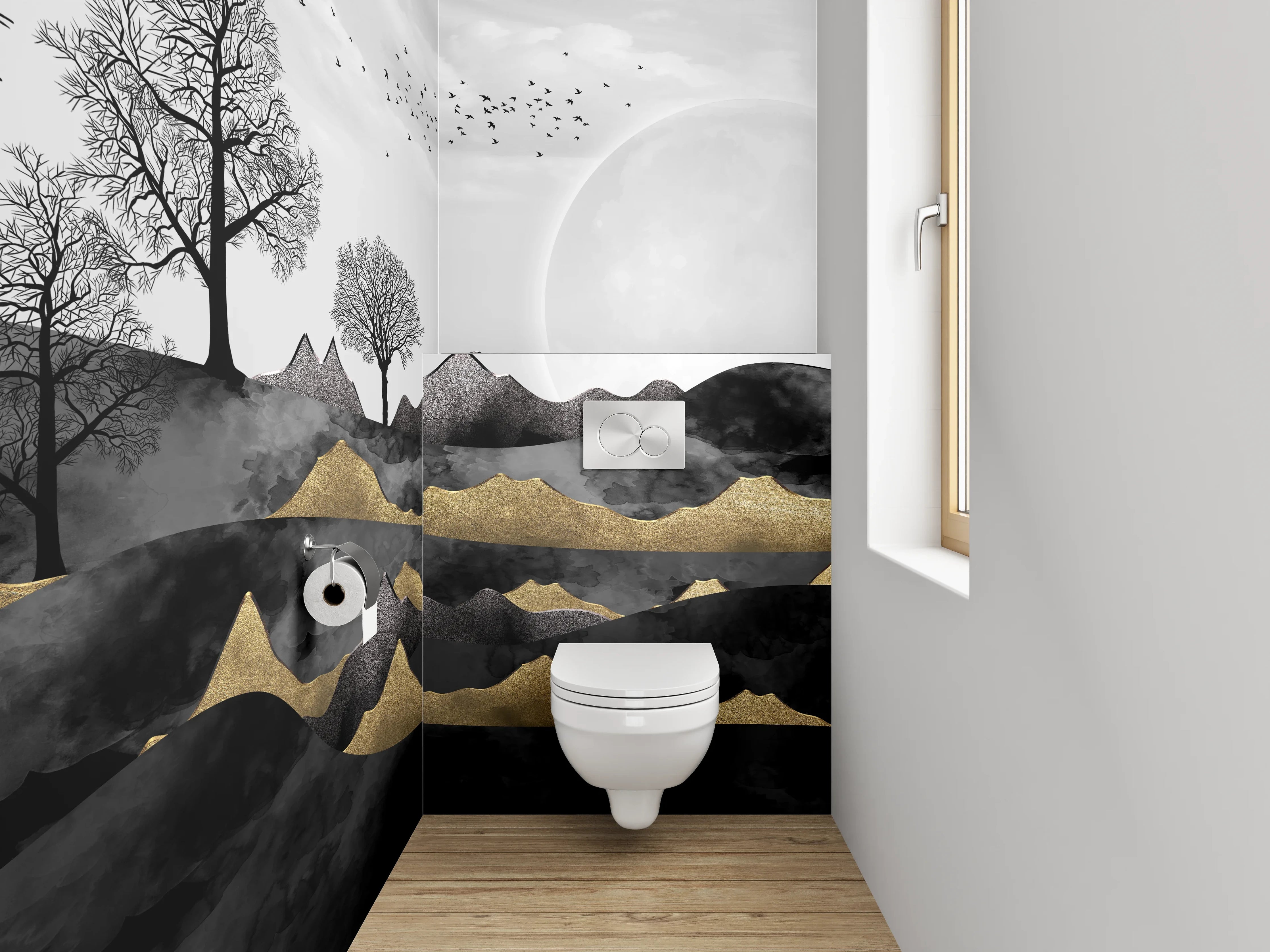 WC-Rückwand - Schwarz-weiße Mondlandschaft mit Goldakzenten