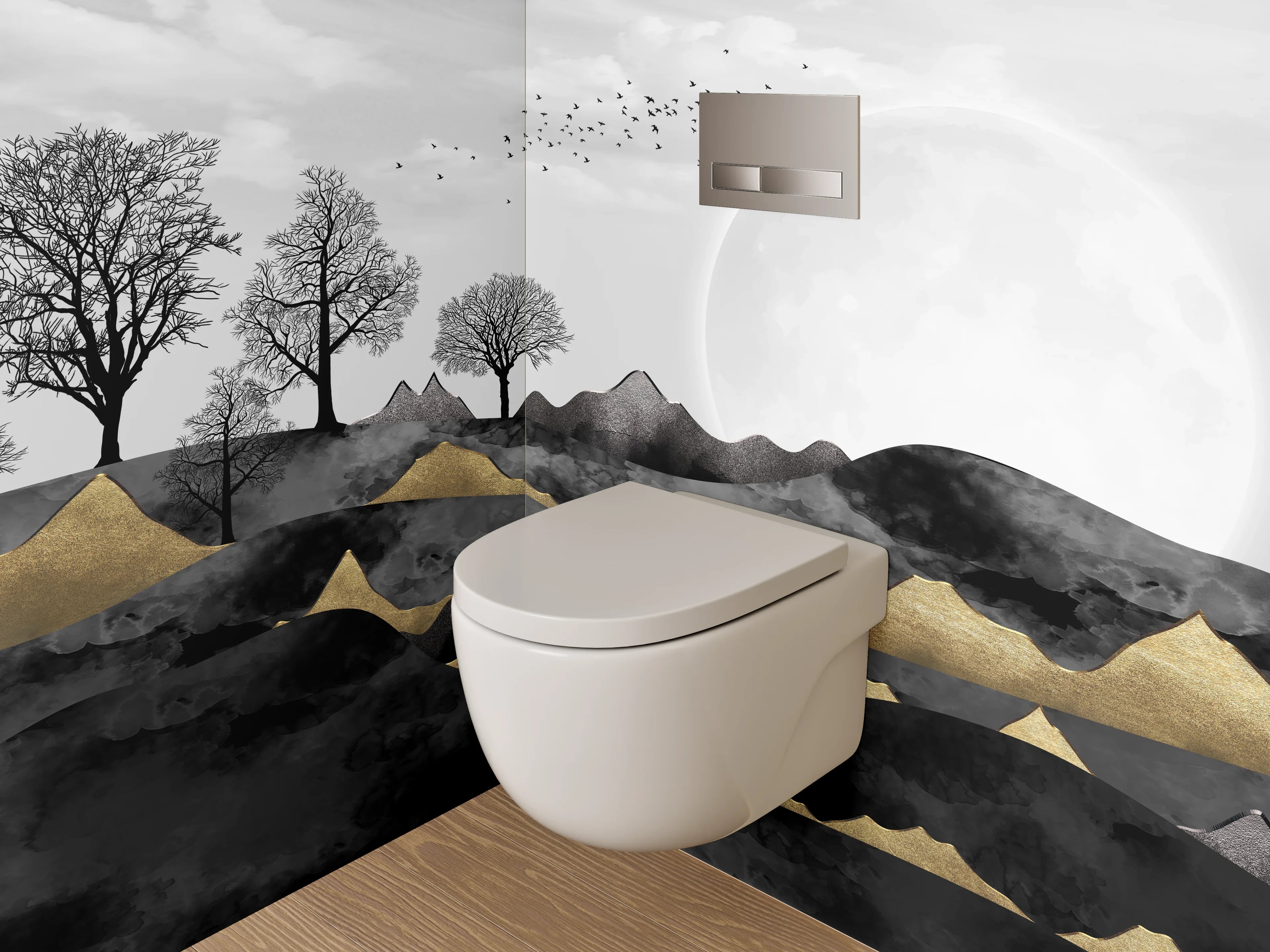 WC-Rückwand - Schwarz-weiße Mondlandschaft mit Goldakzenten