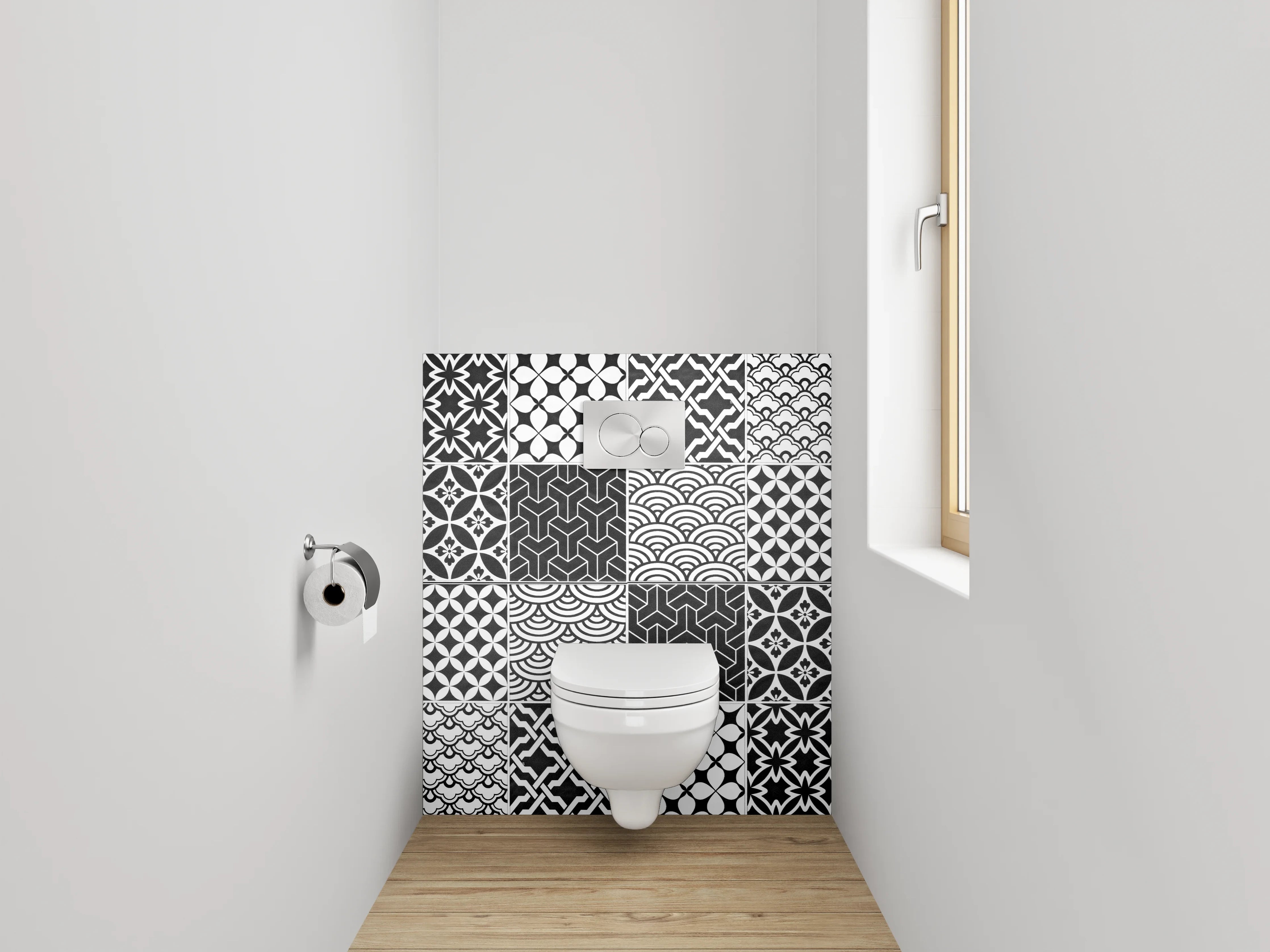 WC-Rückwand - Schwarz-weiße Patchwork-Muster Fliesen
