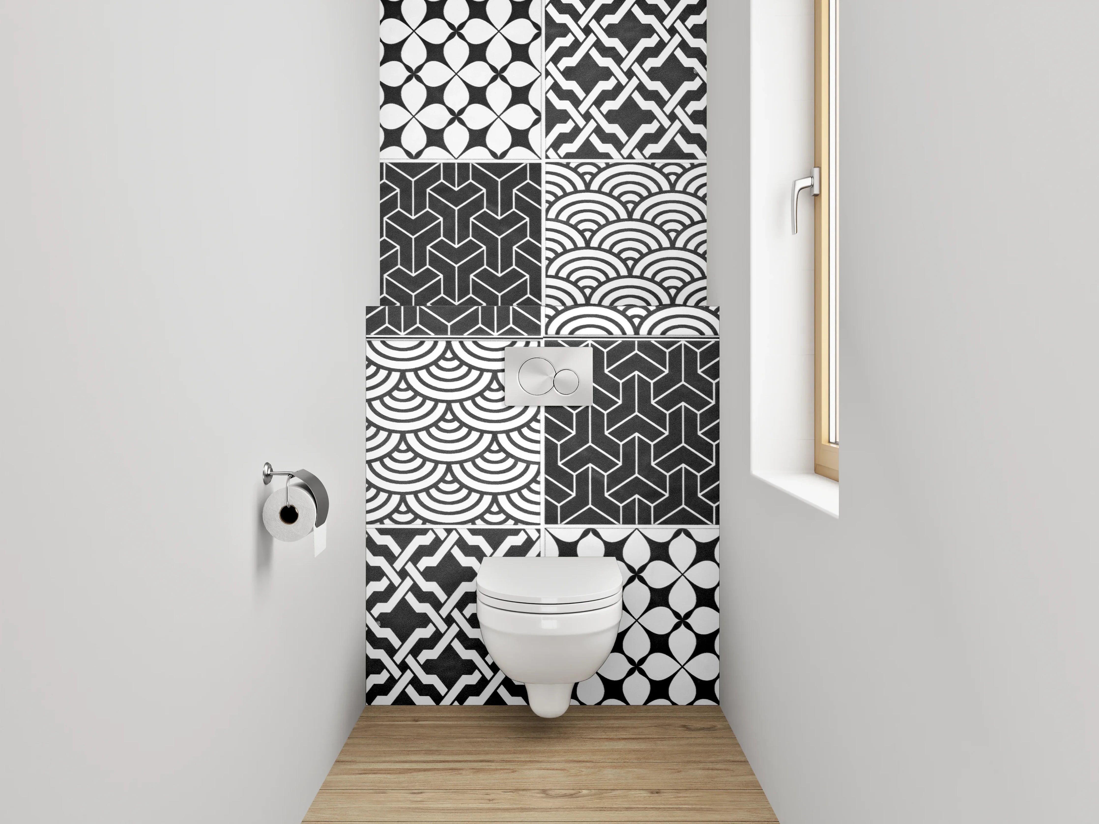 WC-Rückwand - Schwarz-weiße Patchwork-Muster Fliesen