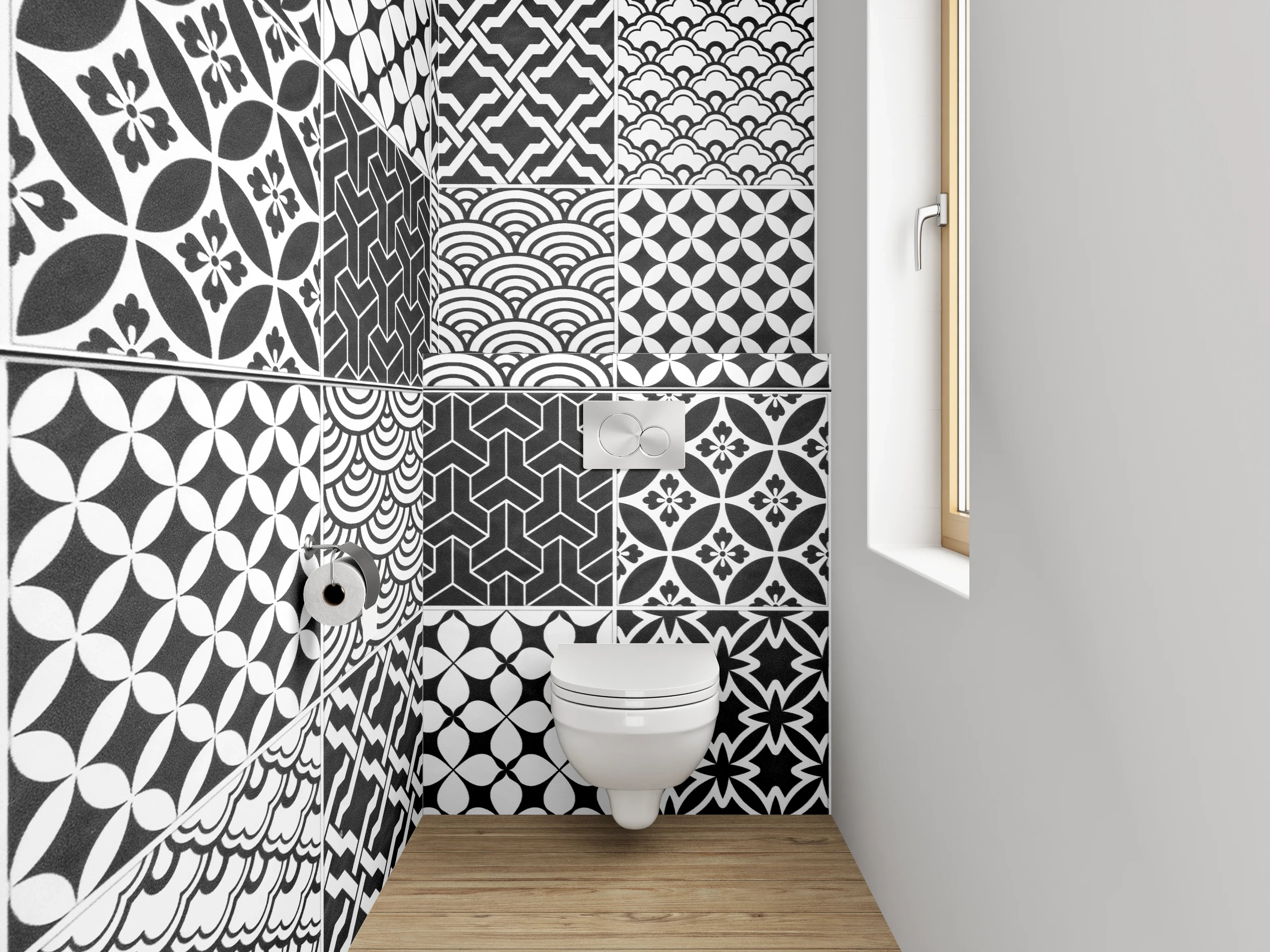 WC-Rückwand - Schwarz-weiße Patchwork-Muster Fliesen