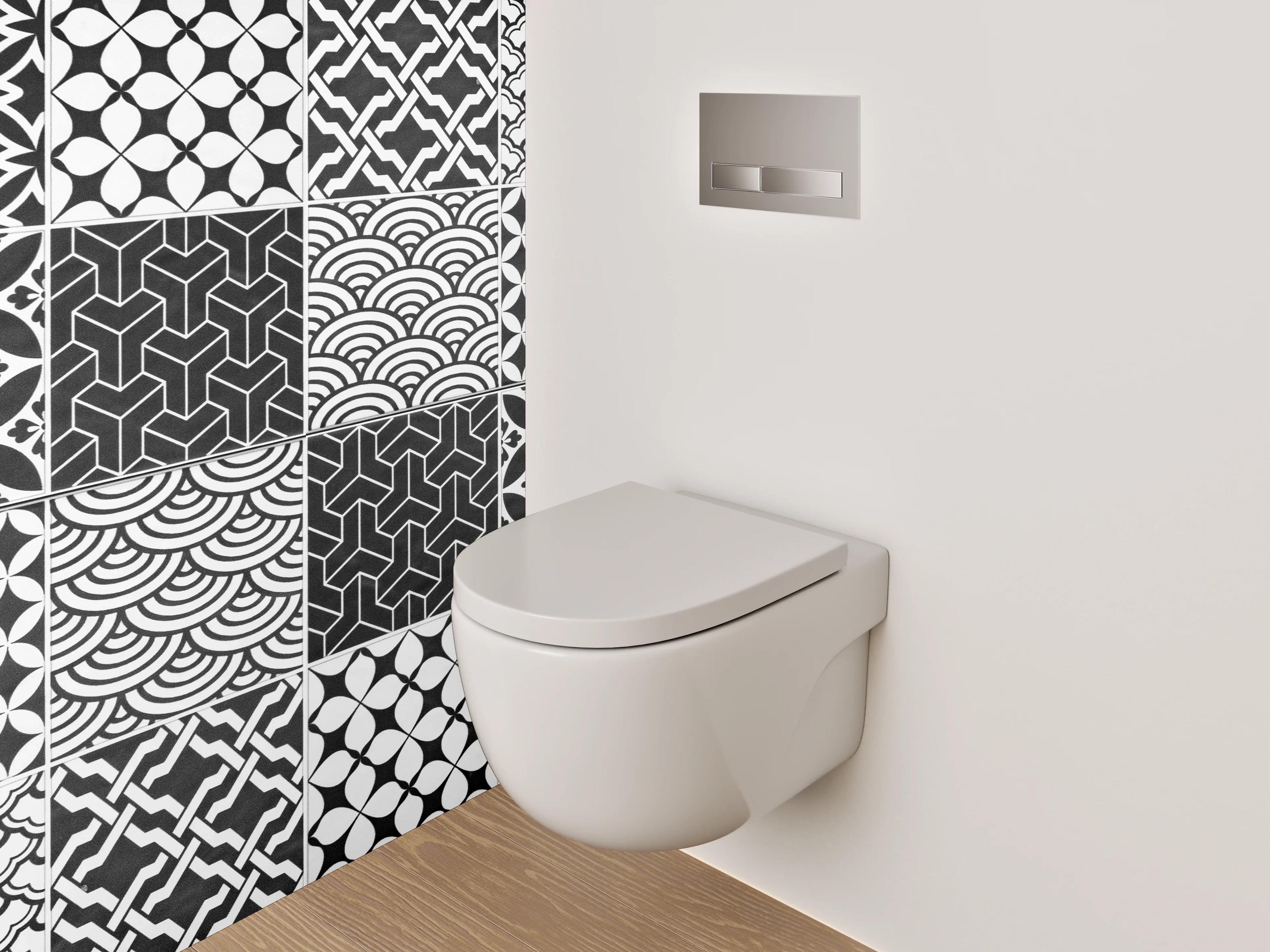 WC-Rückwand - Schwarz-weiße Patchwork-Muster Fliesen