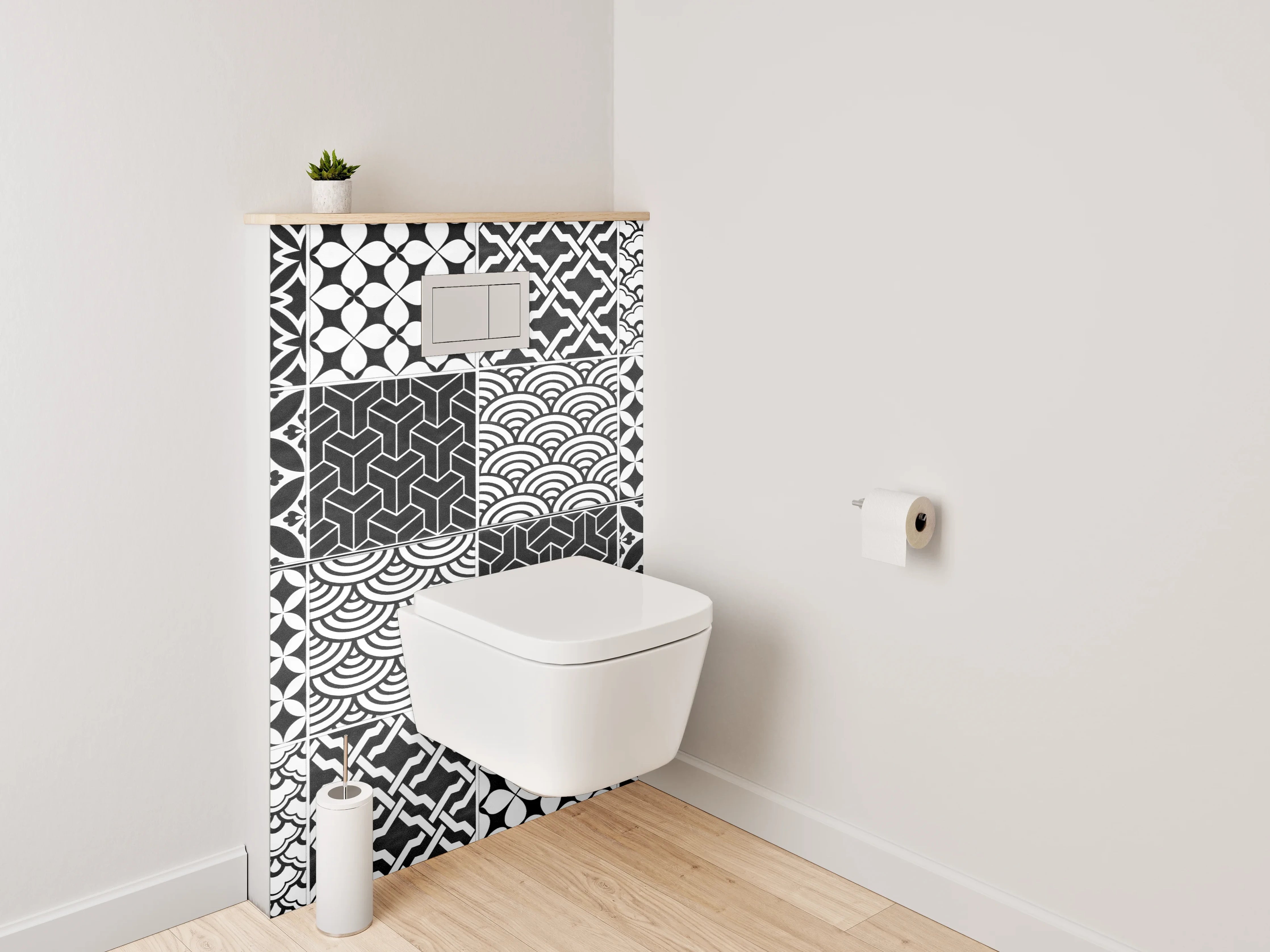 WC-Rückwand - Schwarz-weiße Patchwork-Muster Fliesen