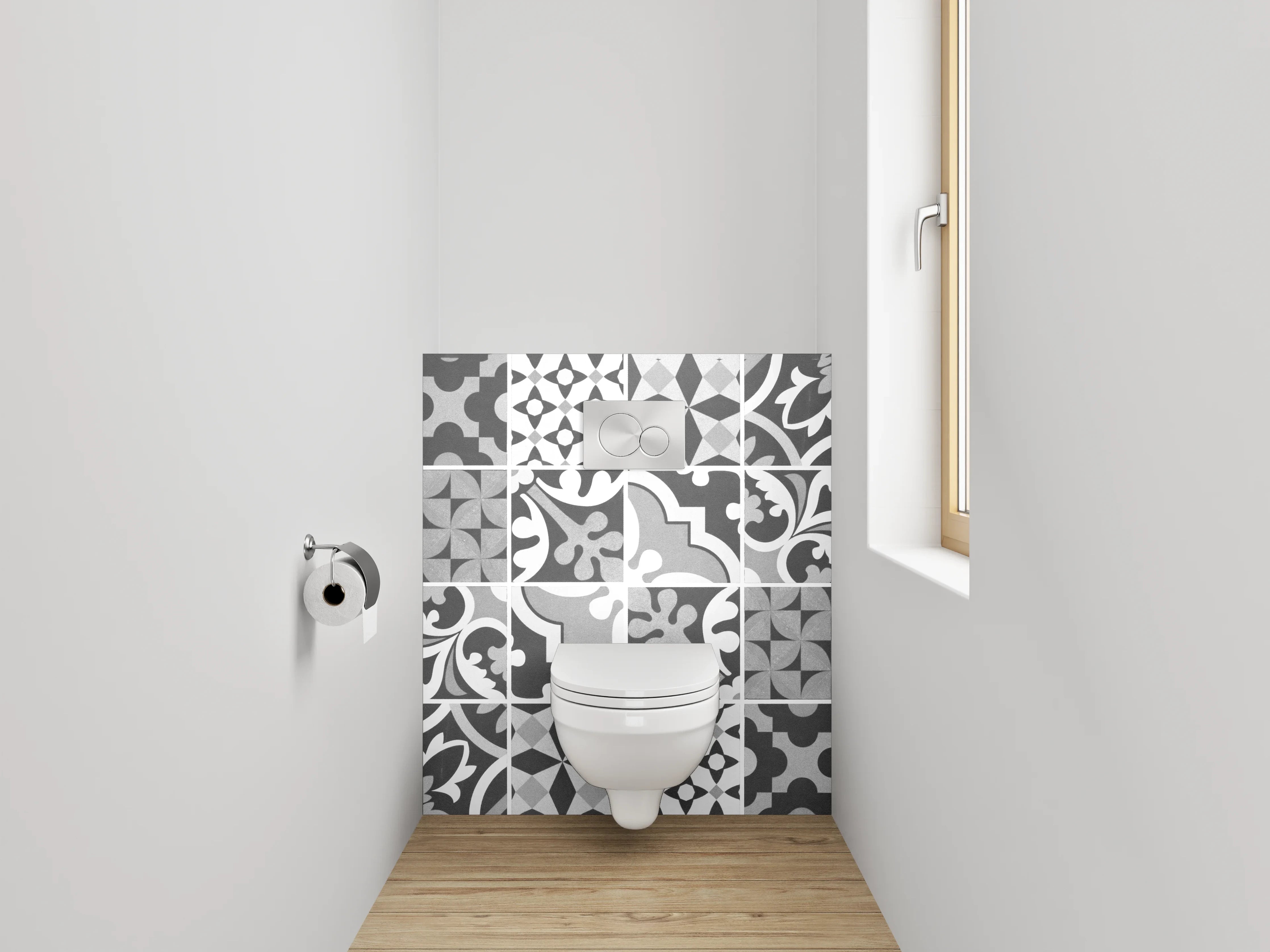 WC-Rückwand - Schwarz-weiße Vintage-Fliesen Musterstreifen