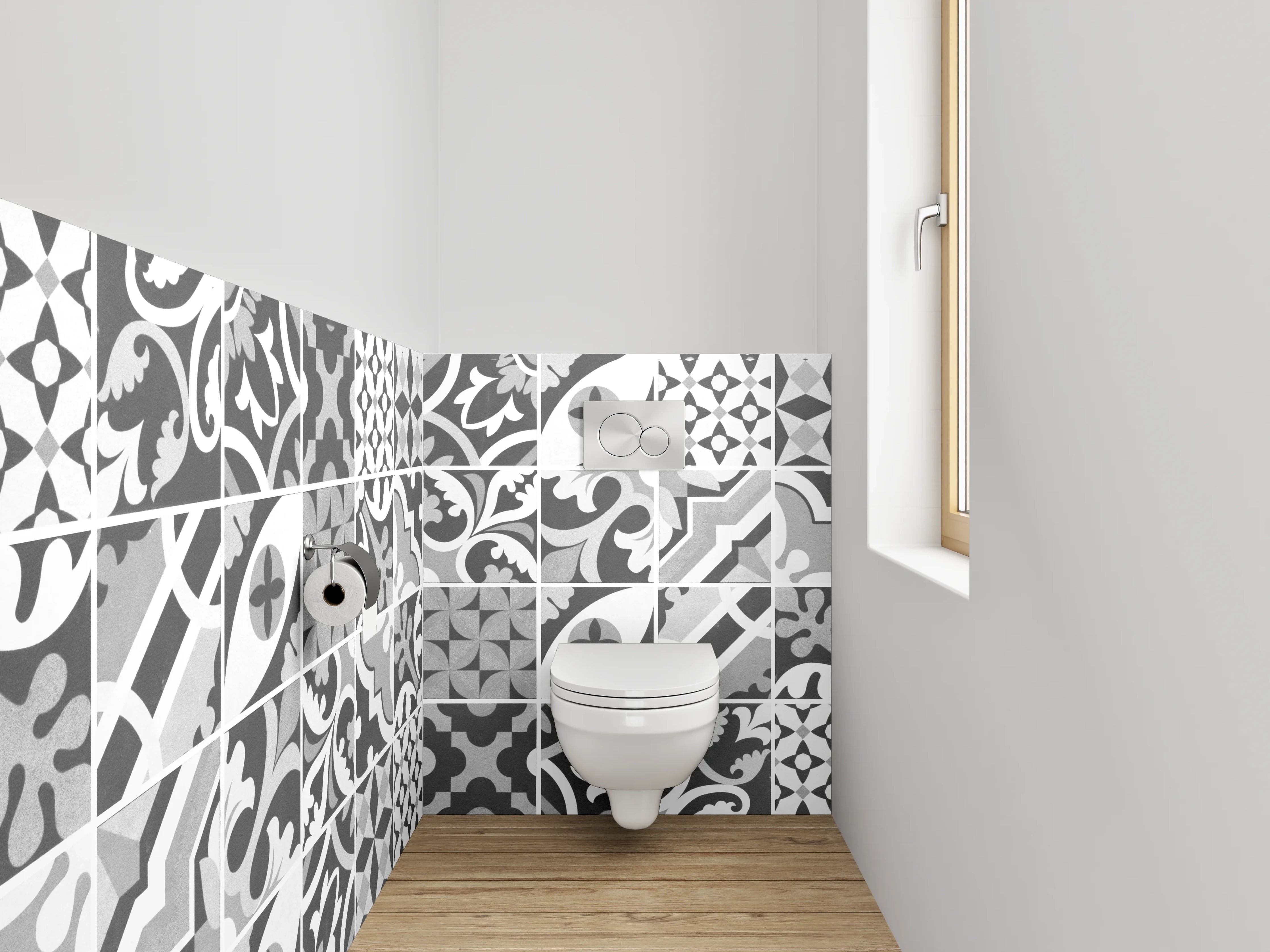 WC-Rückwand - Schwarz-weiße Vintage-Fliesen Musterstreifen