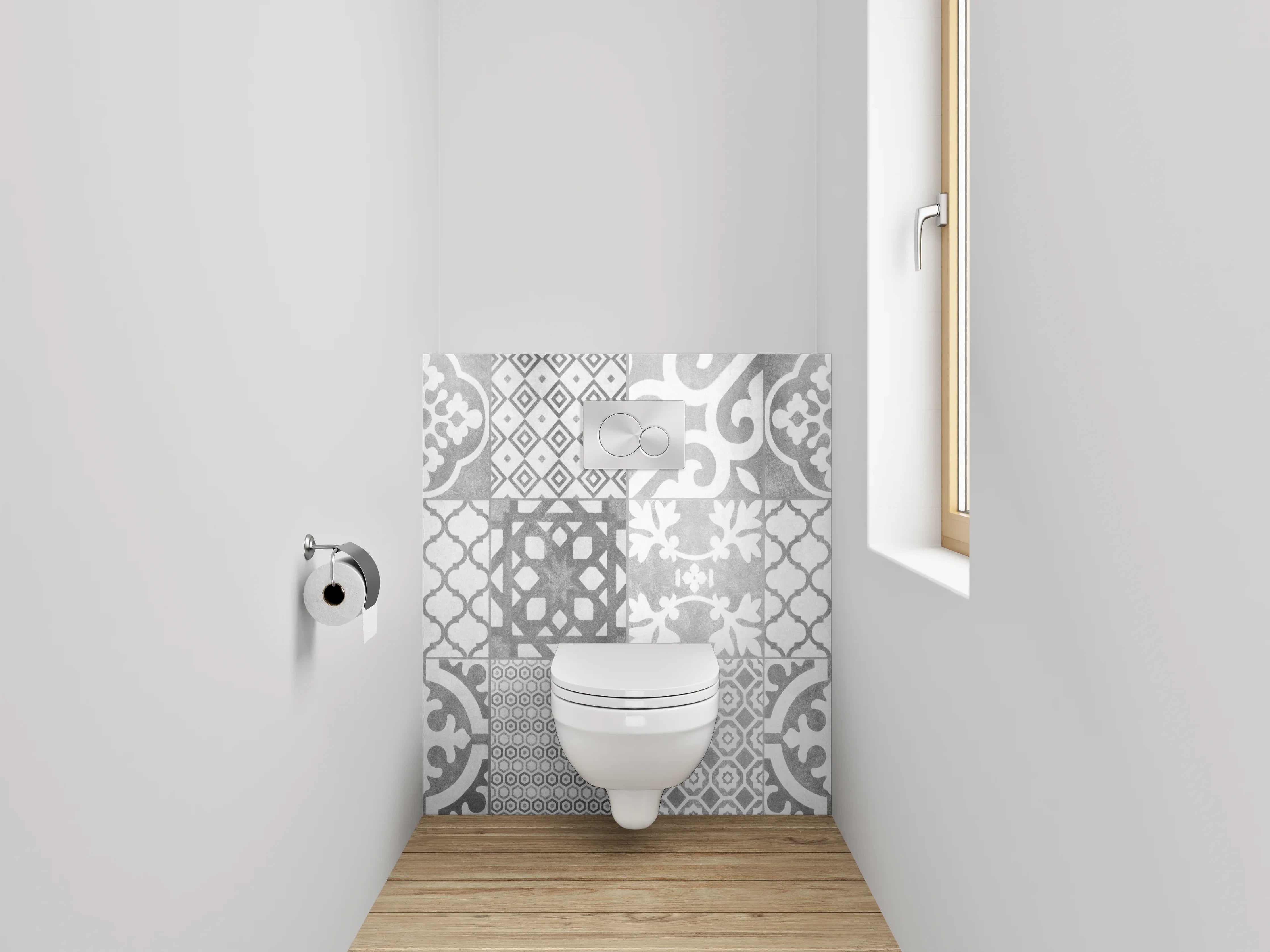 WC-Rückwand - Schwarz-weiße Vintage Musterfliesen