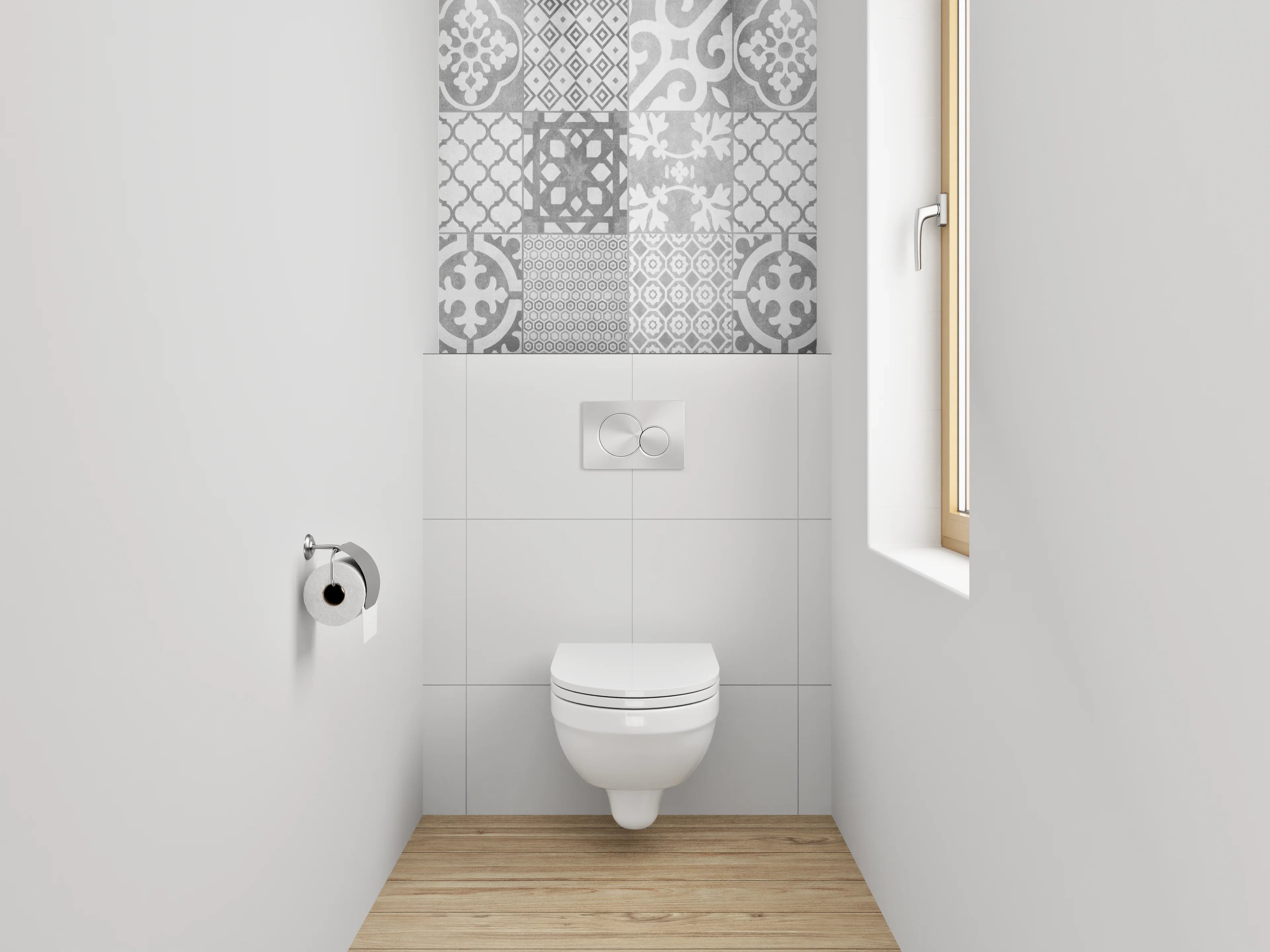 WC-Rückwand - Schwarz-weiße Vintage Musterfliesen