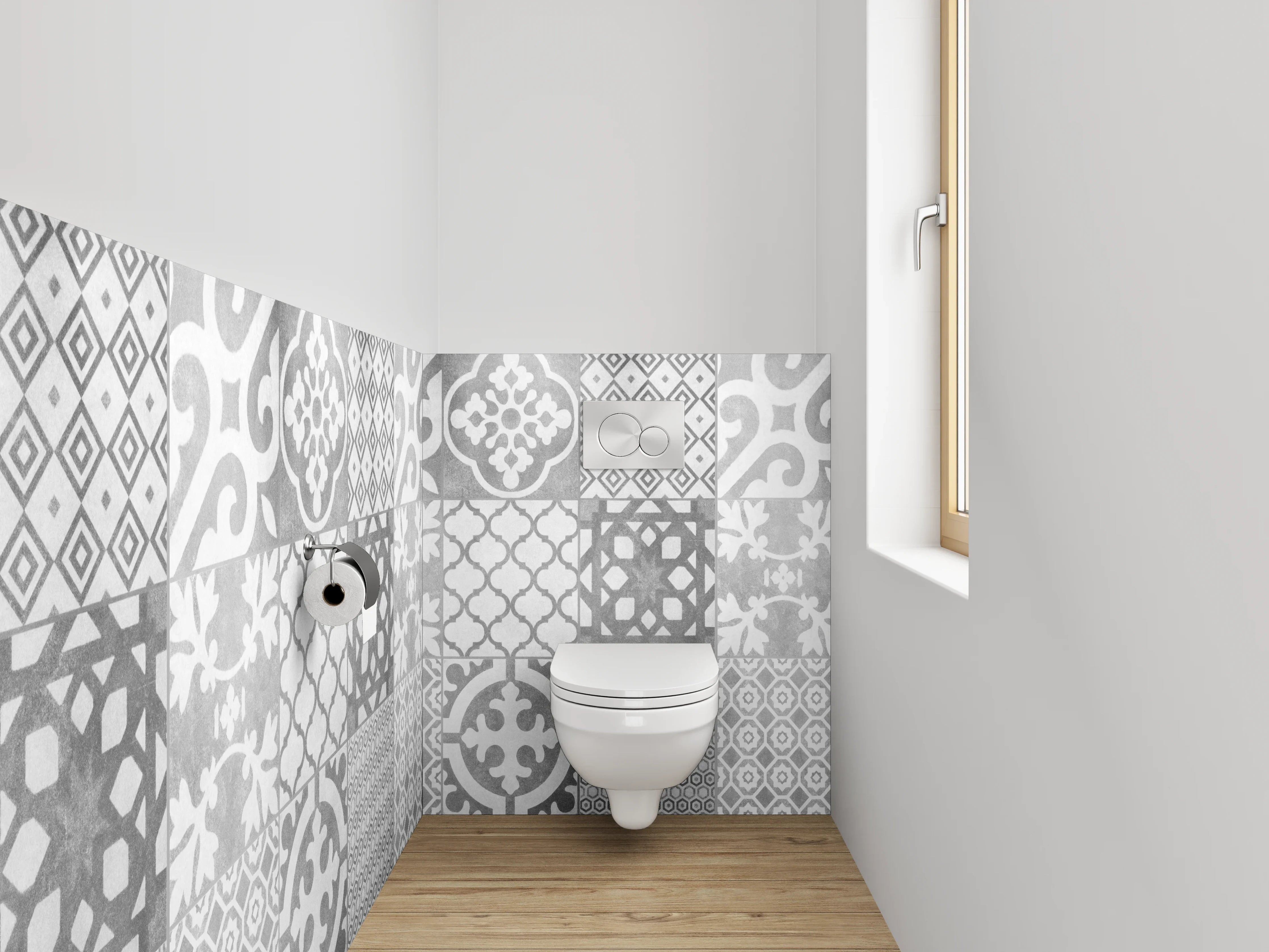 WC-Rückwand - Schwarz-weiße Vintage Musterfliesen