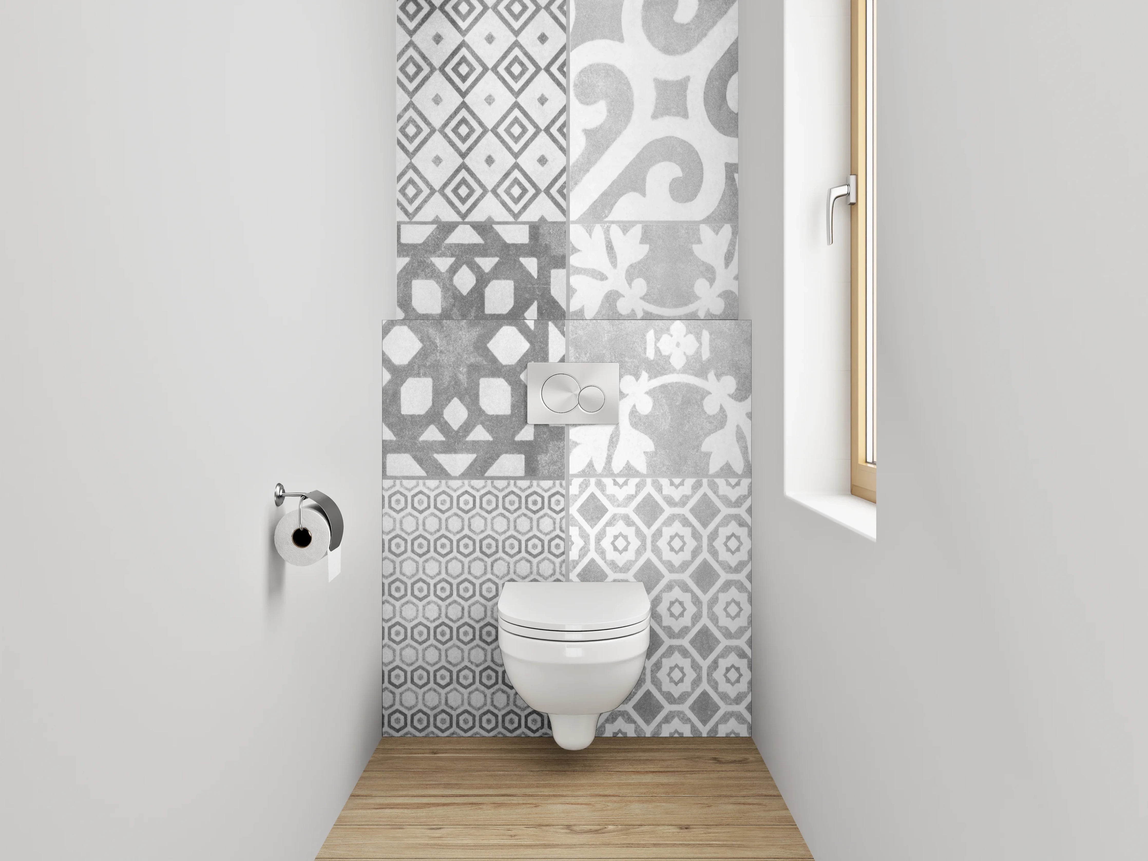 WC-Rückwand - Schwarz-weiße Vintage Musterfliesen