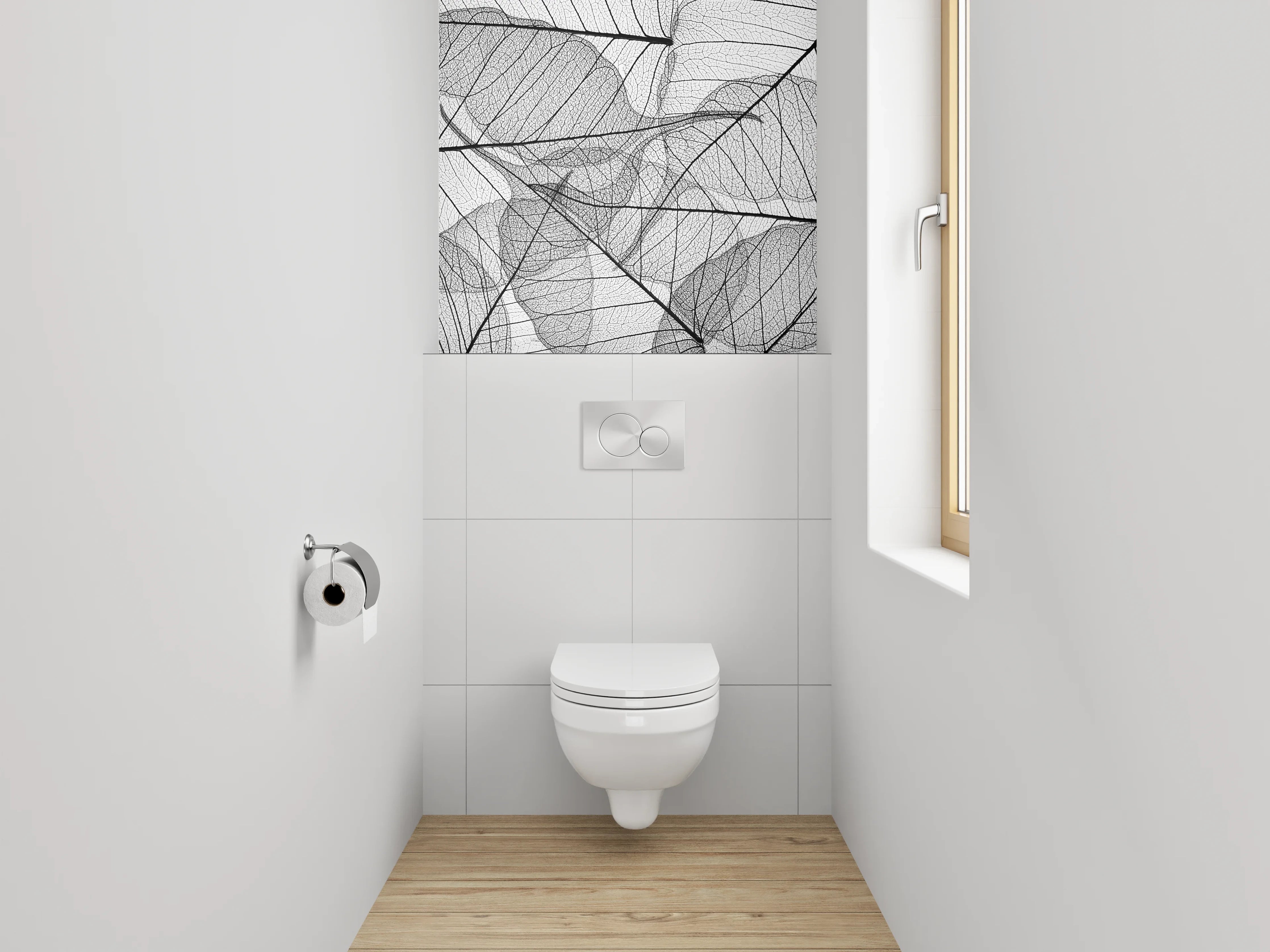 WC-Rückwand - Schwarz-weiße filigrane Blättermuster